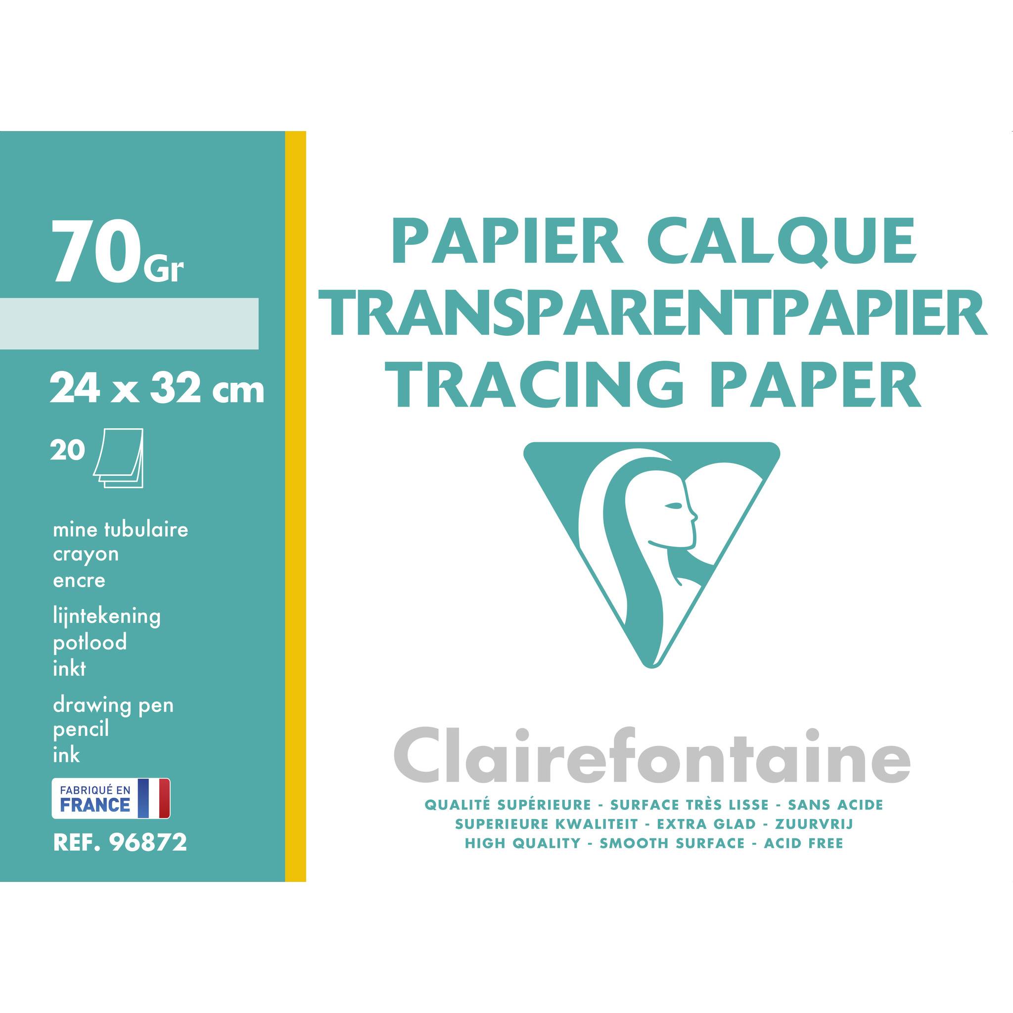 Verpackung für Clairefontaine Transparentpapier, 70 g/m², 24 x 32 cm, mit mehrsprachigem Produktnamen und einem Logo.