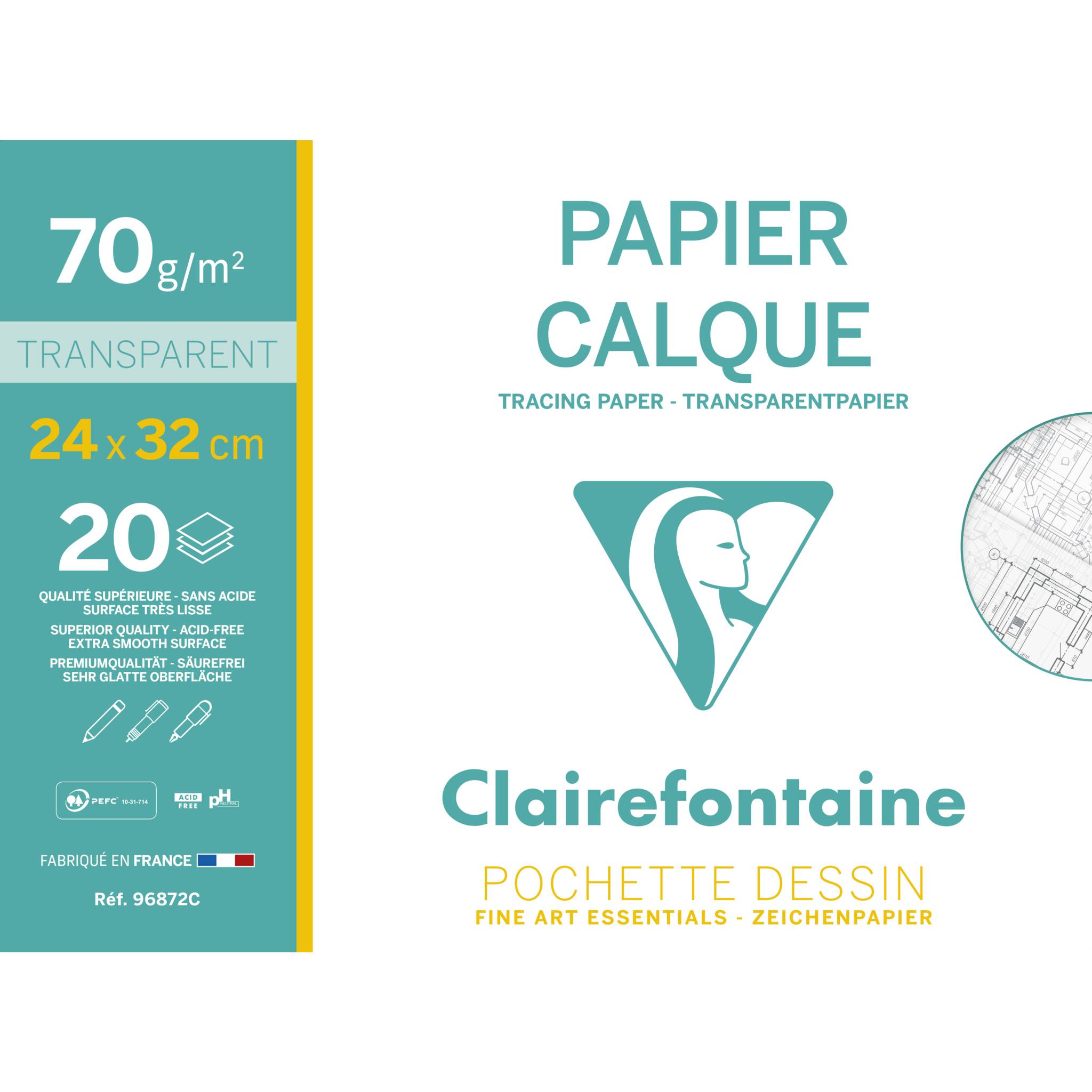 Clairfontaine Durchschlagpapierpackung mit Kennzeichnung „PAPIER CALQUE", 70 g/m², transparent, 24 x 32 cm, 20 Blatt, mit Logo und Produktdetails.