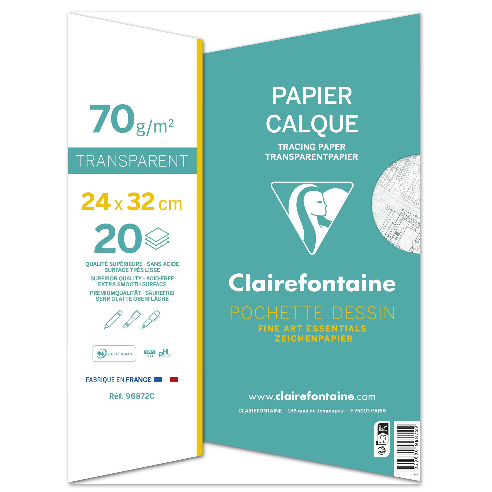 Paket Clairefontaine-Transparentpapier, 70 g/m², 24 x 32 cm, 20 Blatt, gekennzeichnet mit „Papier Calque" und „Pochette Dessin"".
