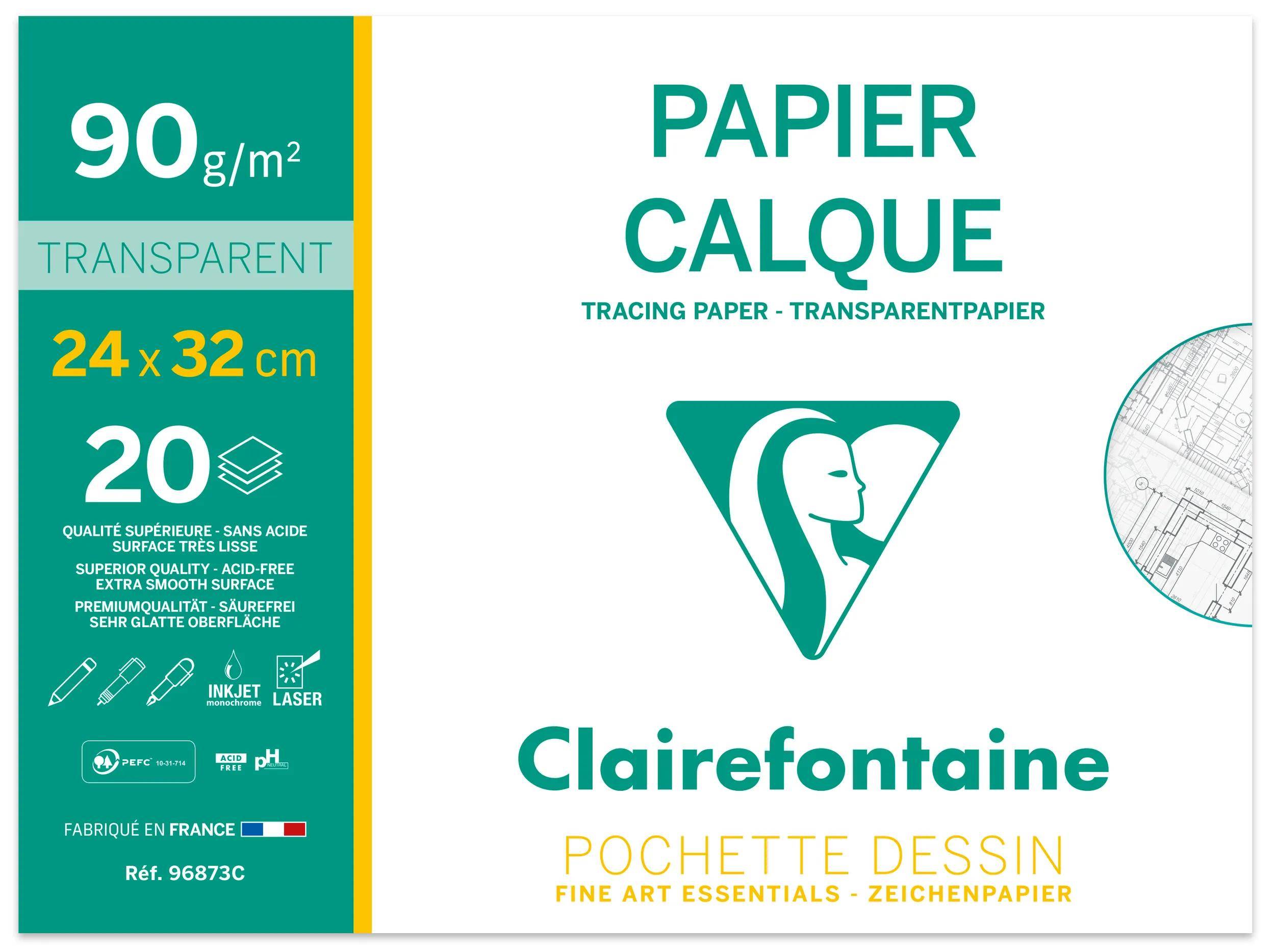 Verpackung für Clairefontaine-Transparentpapier, 90 g/m², transparent, 24 x 32 cm, 20 Blatt, mit Zeichnungssymbol und französischer Beschriftung.