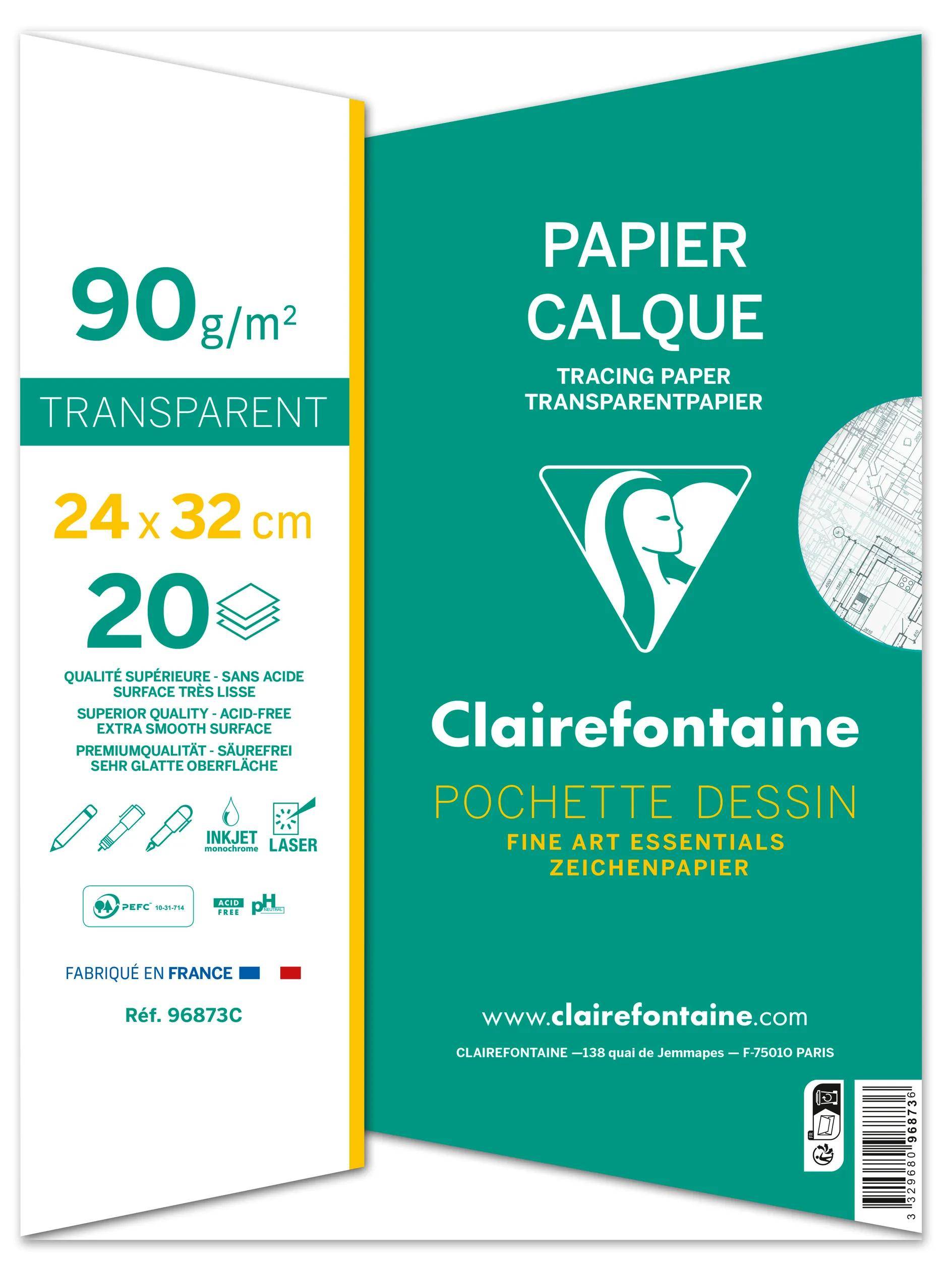 Packung Clairefontaine Transparentpapier, 'Papier Calque', 90 g/m² transparent, 24 x 32 cm, 20 Blatt, grüner und weißer Umschlag.