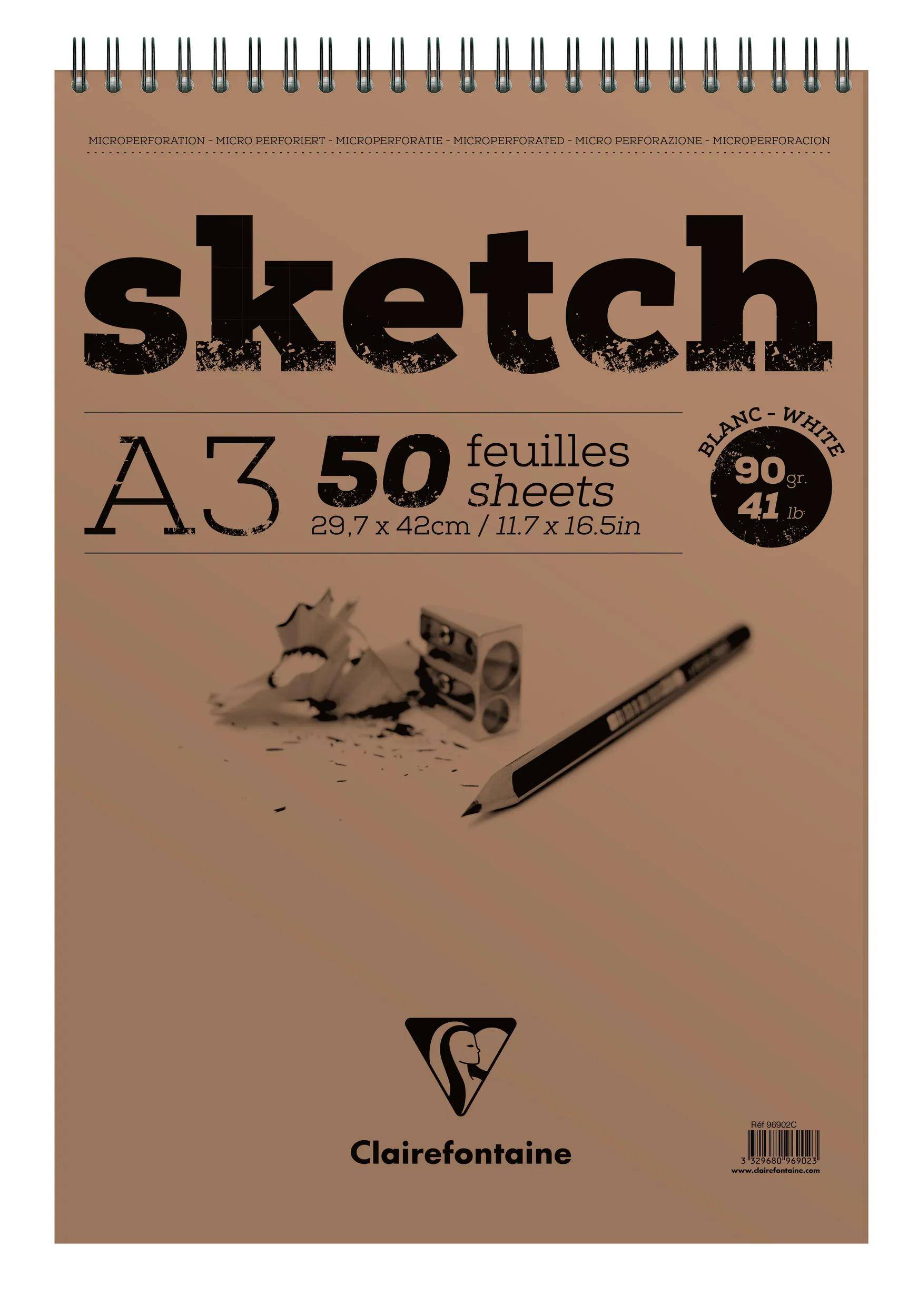 Clairefontaine 5x Sketch, Skizzenblock A3 mit Doppelspirale 50 Blatt Weiß 96902C