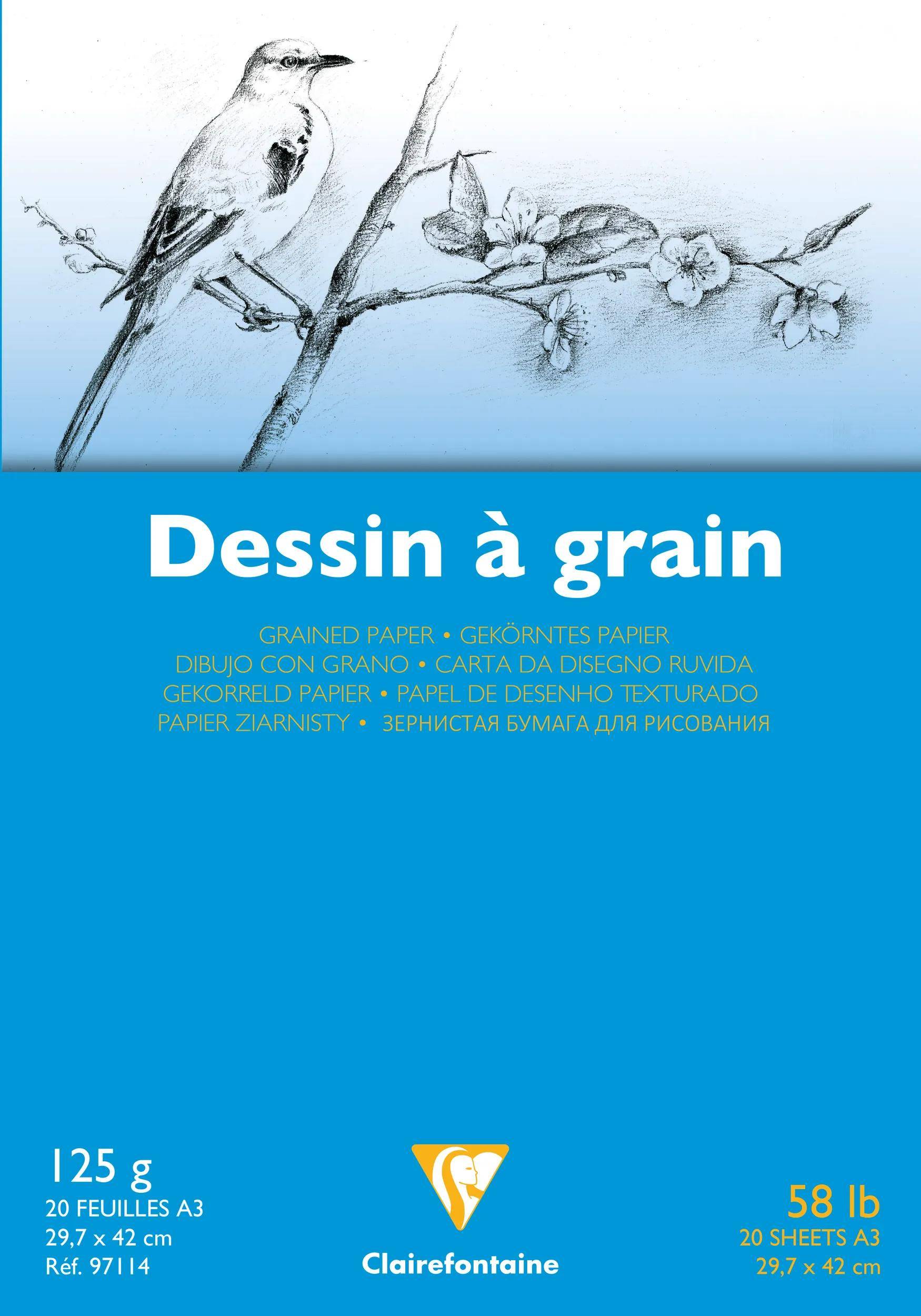 Bleistiftzeichnung eines Vogels auf einem Ast, beschriftet mit „Dessin à grain