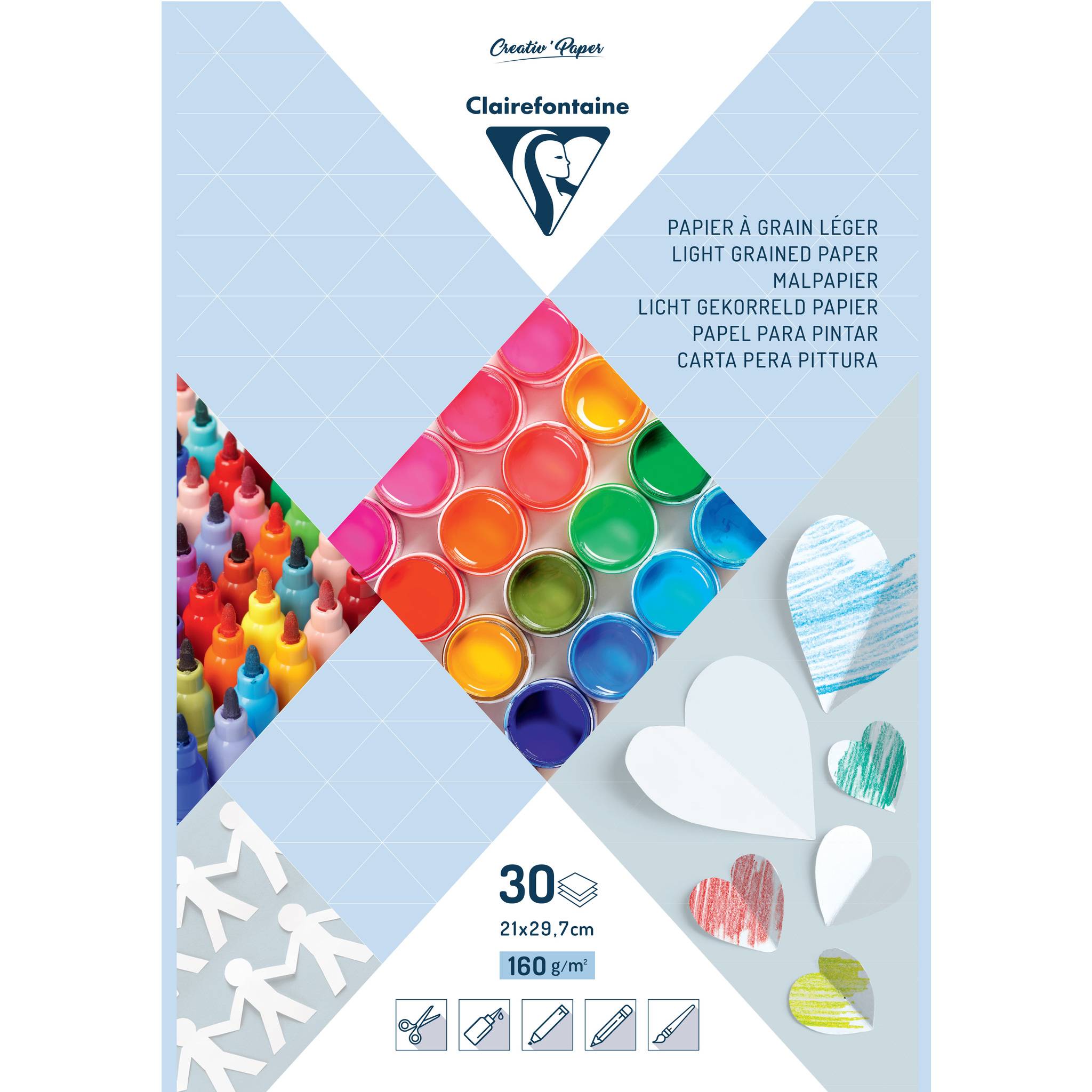 Clairefontaine Creative Paper-Packung mit Abdeckung, die leicht strukturiertes Papier zeigt, 30 Blatt 21x29,7 cm, 160 g/m², mit bunten Kunstmaterialien und Muster-Herzausschnitten.