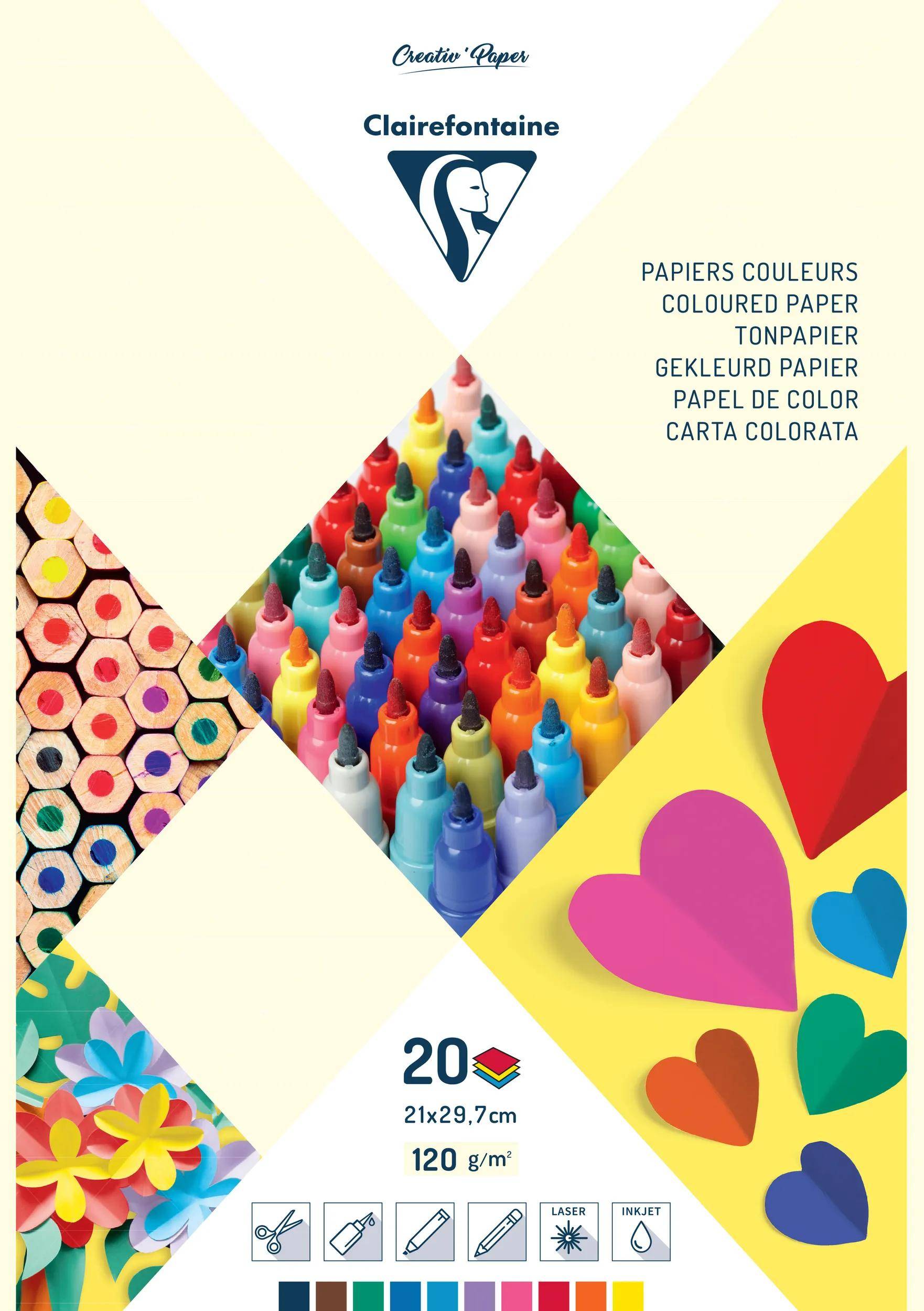 Umschlag von Clairefontaine Creative Paper mit einer Pyramide aus bunten Markerspitzen und Mustermustern farbigen Papiers, plus mehrfarbige Herzformen und Details zur Produktgröße.