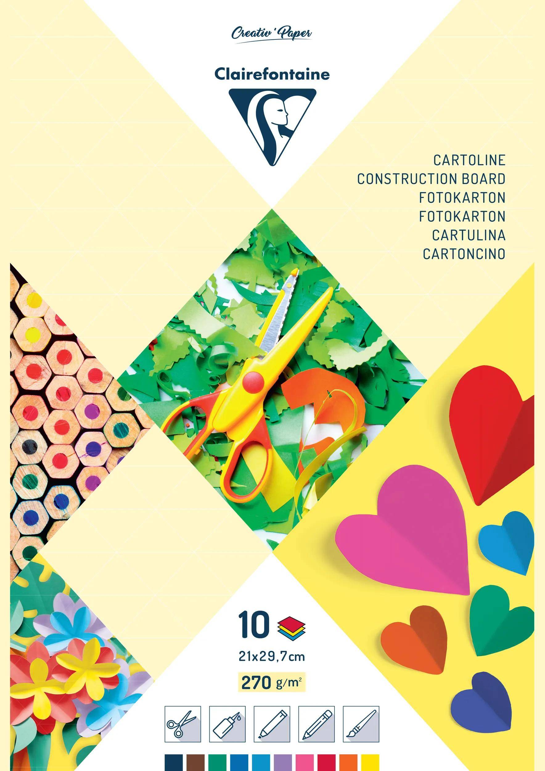 Eine Clairefontaine Cartoline Konstruktionskarton-Packungsabdeckung mit farbenfrohen Papierbastelformen, Schere und den Produktdetails 10 Blatt, 21 x 29,7 cm, 270 g/m².