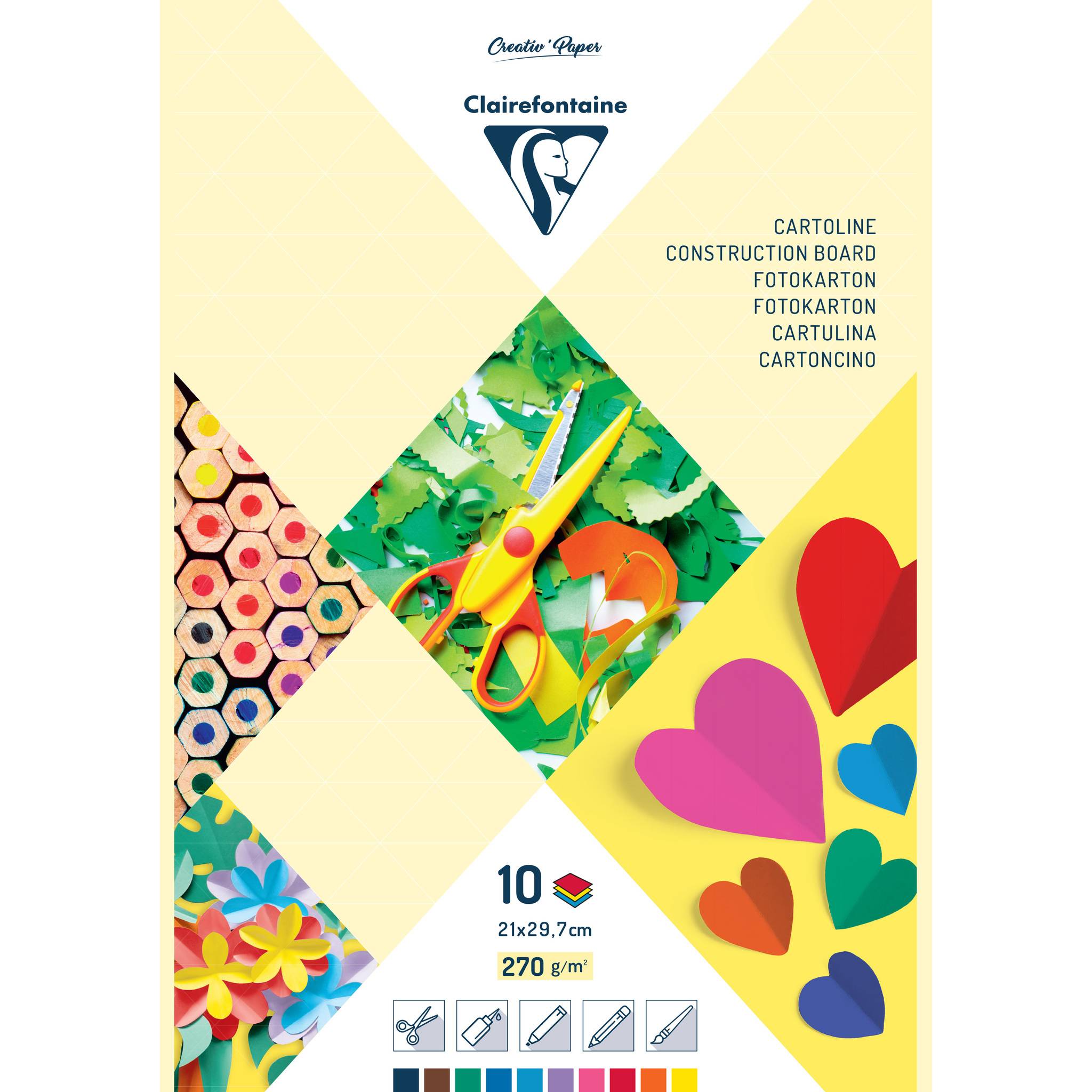 Clairefontaine Creative Papers Umschlag mit assortiertem farbigem Papierhandwerksmaterial, Schere und Herzformen, beschriftet mit „Cartoline/Construction Board