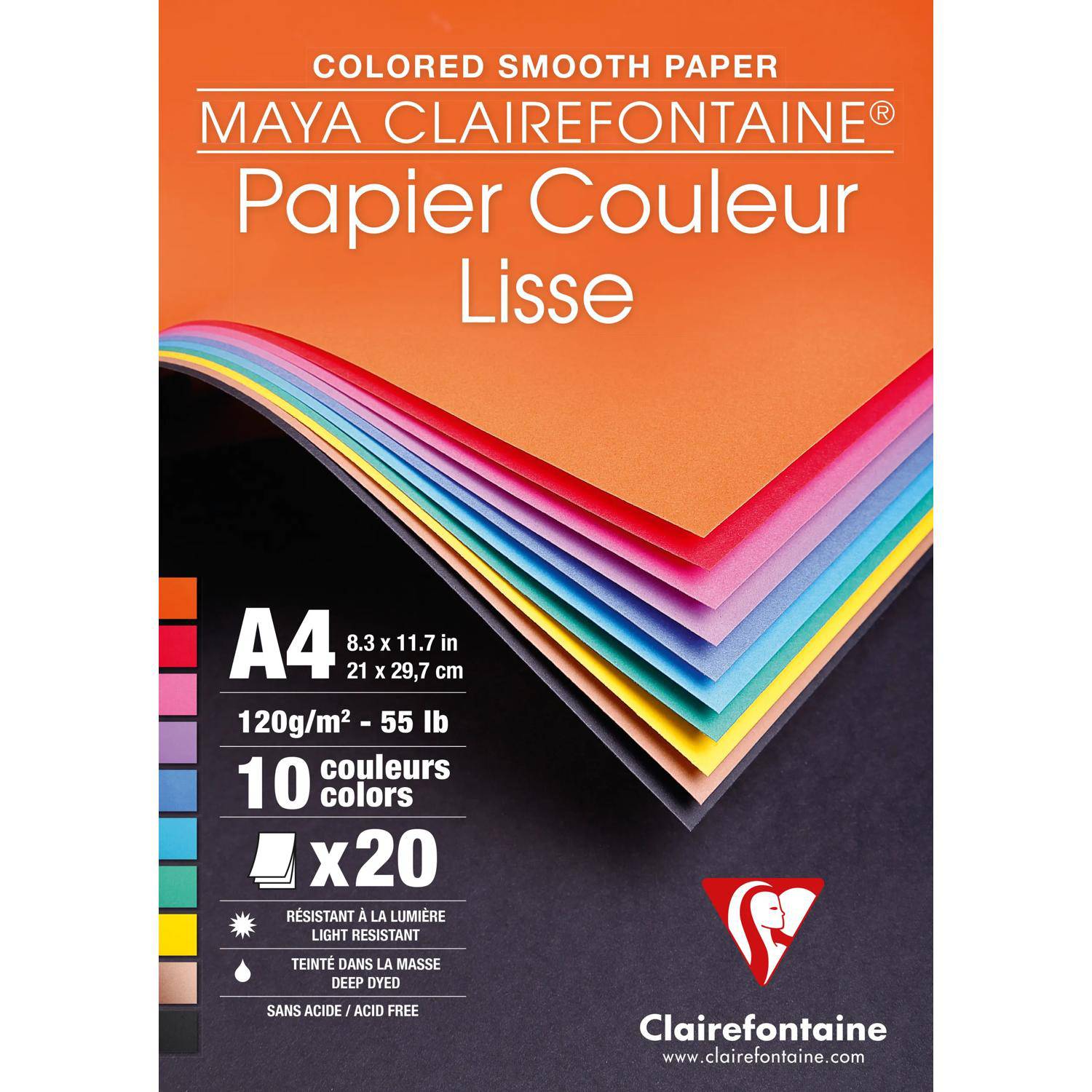 Packung Clairefontaine Maya farbiges glattes Papier, A4-Format, 10 Farben, je 20 Blatt, 120 g/m2, für helle und tiefe Farbstoffe.