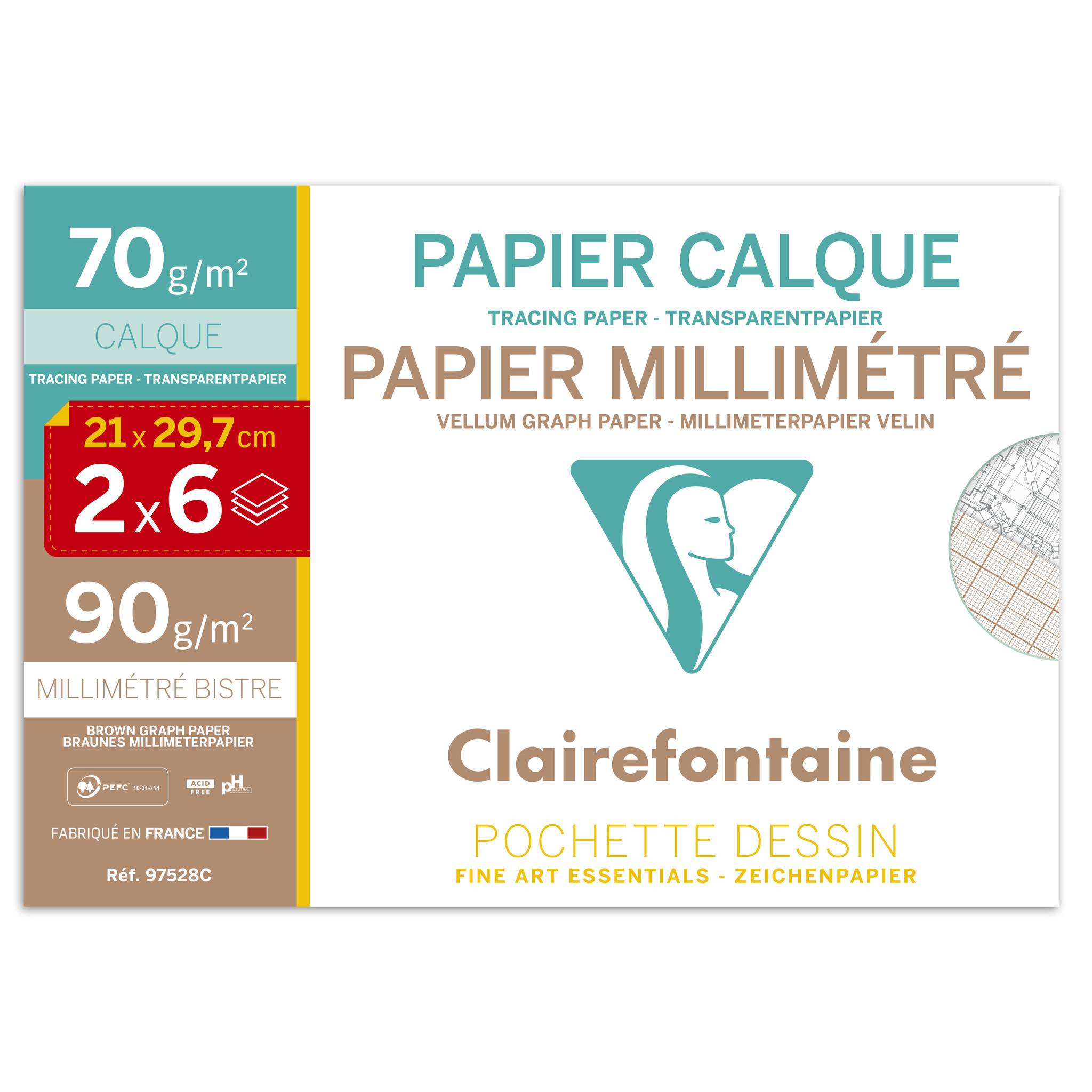 Clairefontaine Zeichenpapier-Set mit Transparentpapier und Millimeterpapier, 21 x 29,7 cm, 2 x 6 Blatt, 70 g/m² und 90 g/m².