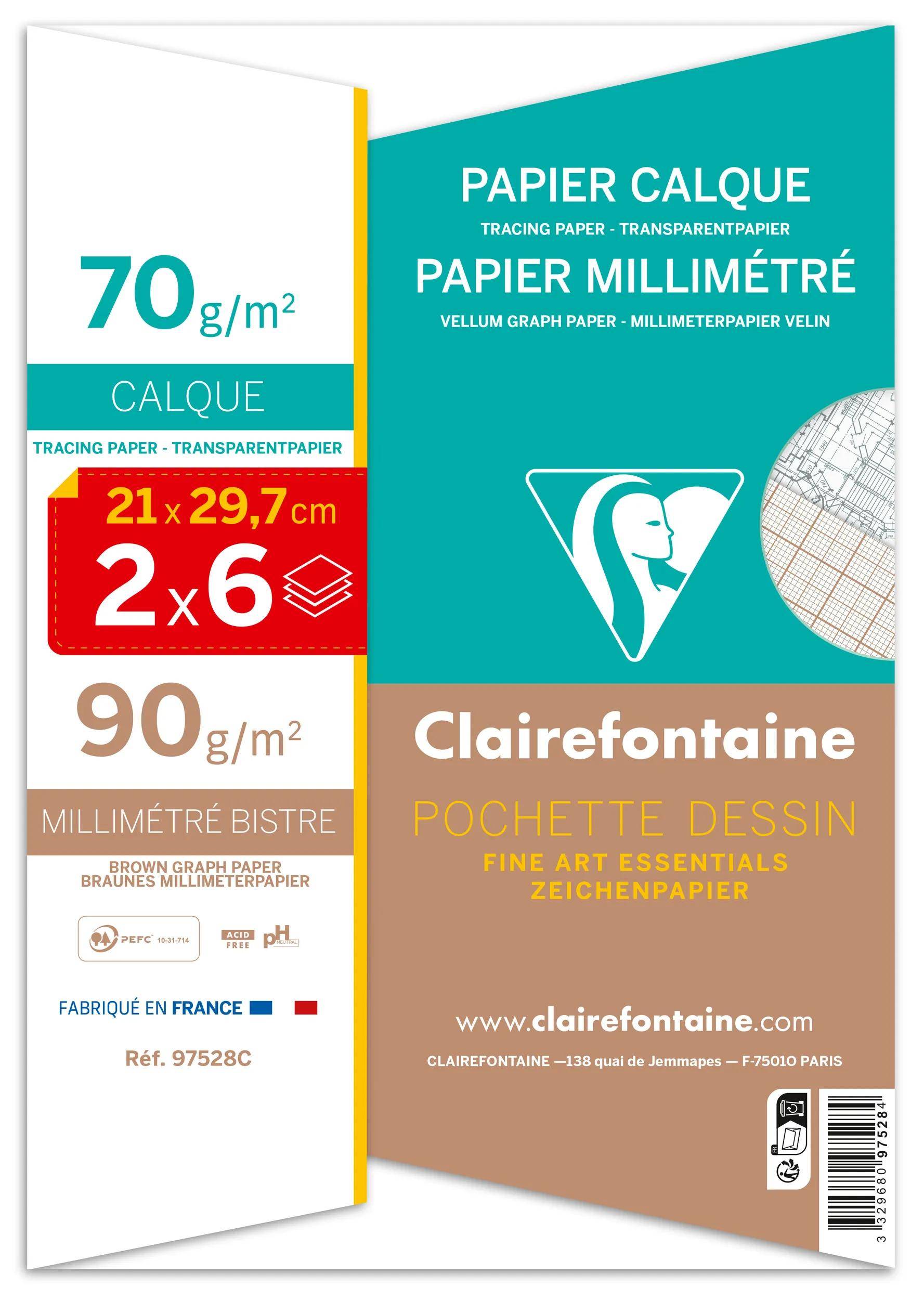 Verpackung für Clairefontaine Papierpads mit Transparentpapier und Millimeterpapier, 21 x 29,7 cm, 2 x 6 Blatt, 70 g/m² und 90 g/m².