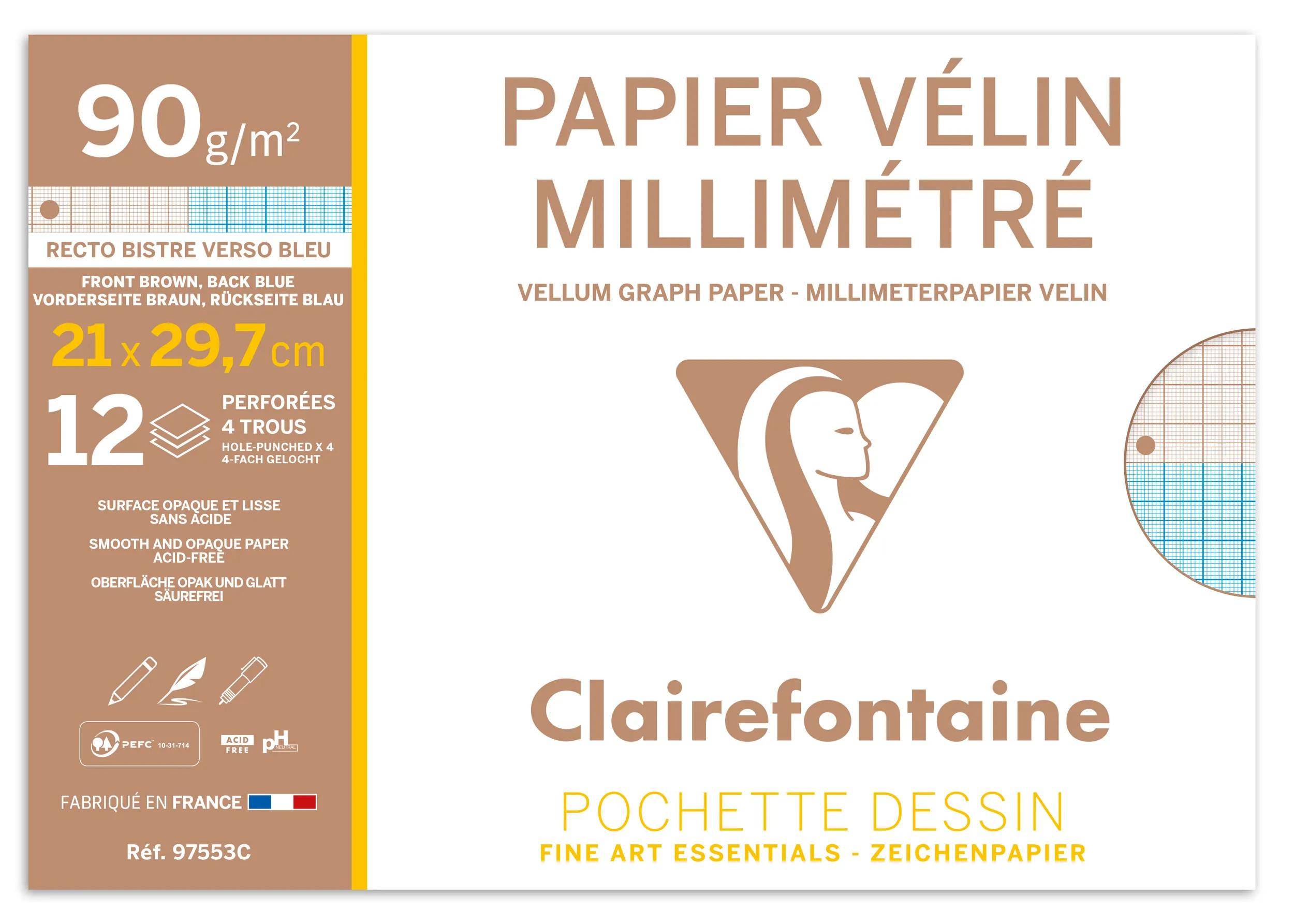 Clairefontaine Transparentpapier-Schreibblock mit Rasterdruck, 21 x 29,7 cm, 12 Blatt, 90 g/m2, mit dreieckigem Logo und Beispielrastenseite.