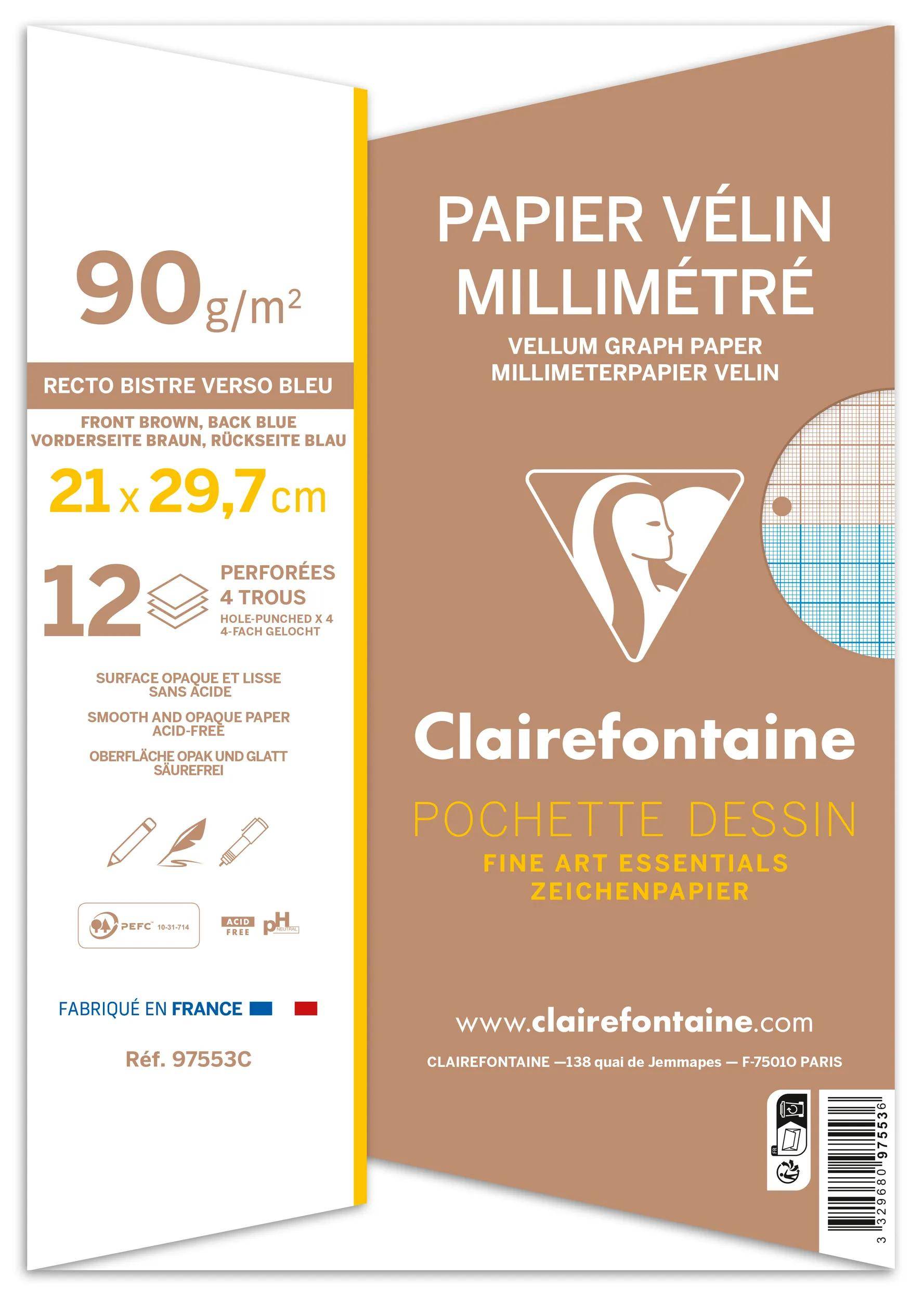 Verpackung für Clairefontaine Velin-Millimeterpapier mit 90 g/m² Papier, 21 x 29,7 cm, 12 Blatt und 