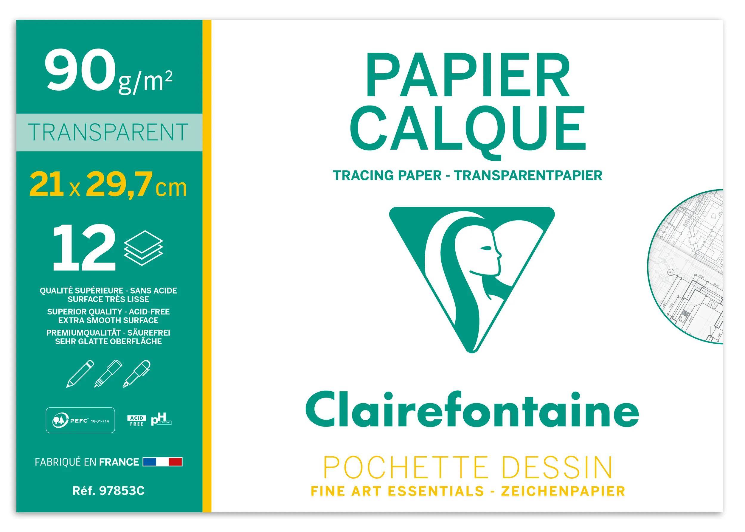 Beutel mit Clairefontaine-Transparentpapier, transparent, 90 g/m², 21 x 29,7 cm, 12 Blatt, mit Produktbranding und Logo.