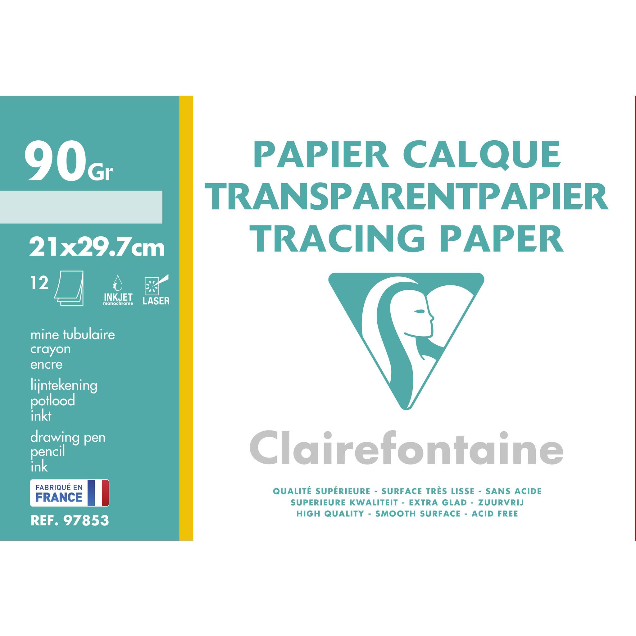 Produktverpackung für Clairefontaine Transparentpapier, 90 g, A4-Format 21 x 29,7 cm, 12 Blatt, geeignet für Inkjet- und Laserdrucker.