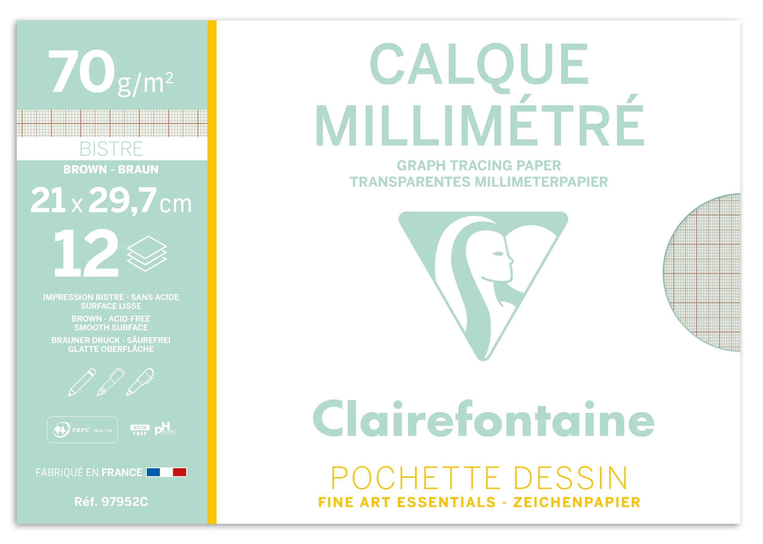 Clairefontaine 10x Transparentpapier/Millimeterpapier Pack. 12 Blatt A4 97952C