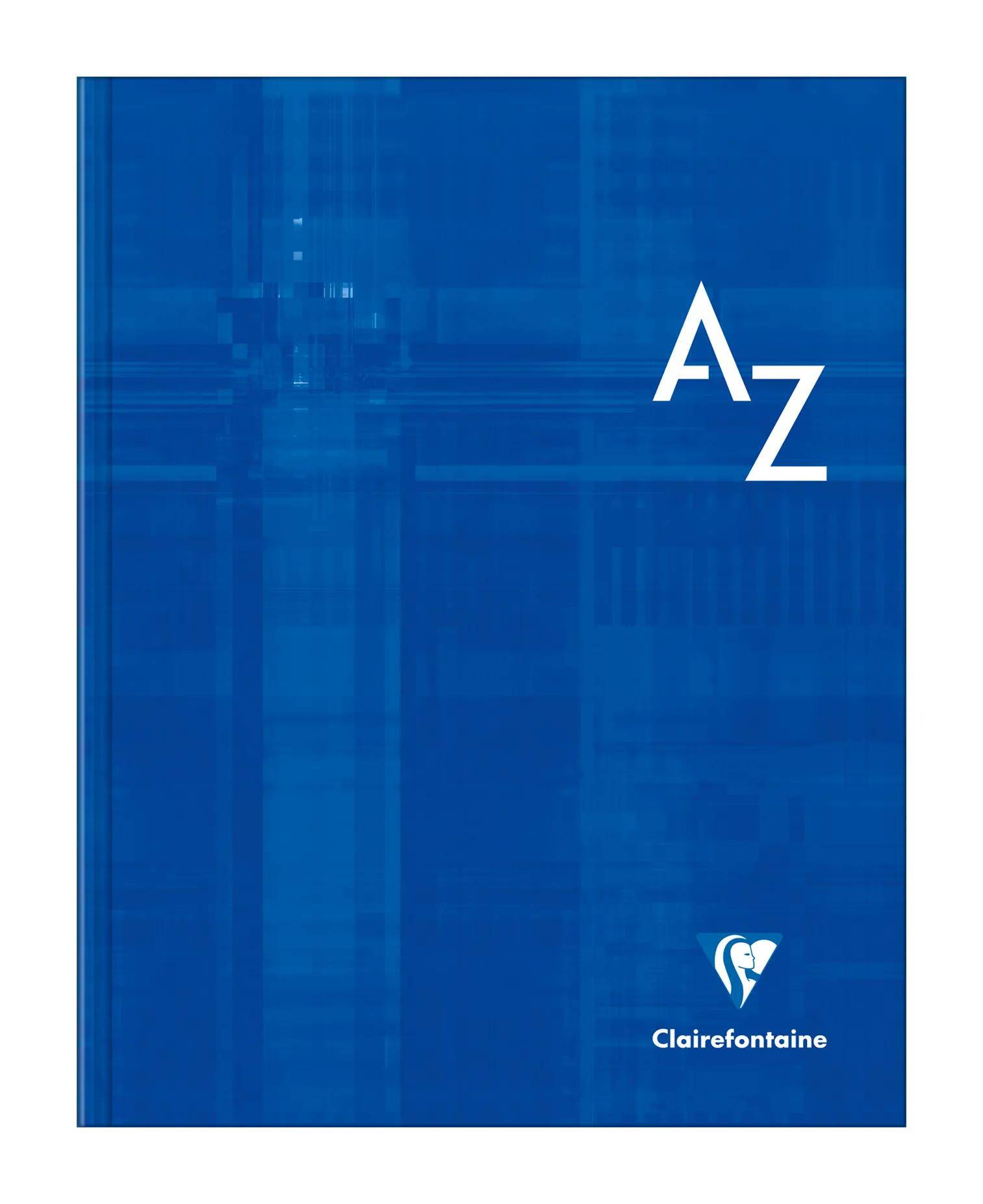 Blauer A-Z Notizbucheinband mit dem Clairefontaine-Logo in der Nähe des unteren Randes.