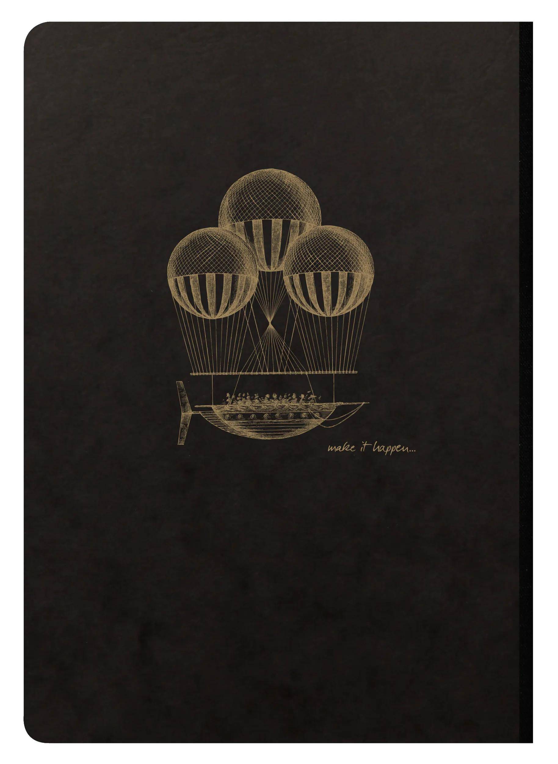 Illustration eines heißluftballonartig aussehenden Fluggeräts mit drei gewölbten Ballons und einer kleinen Gondel, gezeichnet mit goldenen Linien auf dunklem Hintergrund.