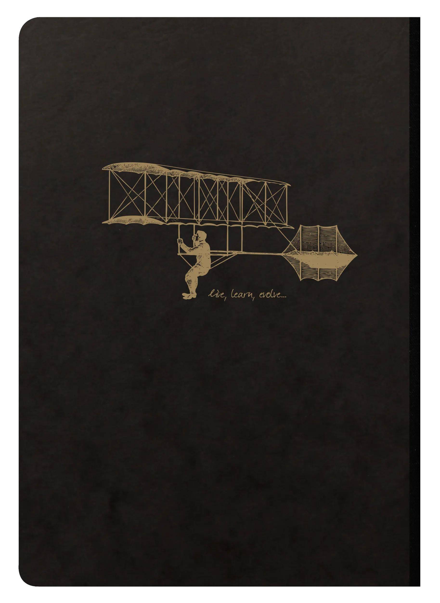 Schwarzer Buchcover mit einer goldenen Strichzeichnung des Flugzeugs der Gebrüder Wright und dem Zitat „Fliegen, lernen, lösen.