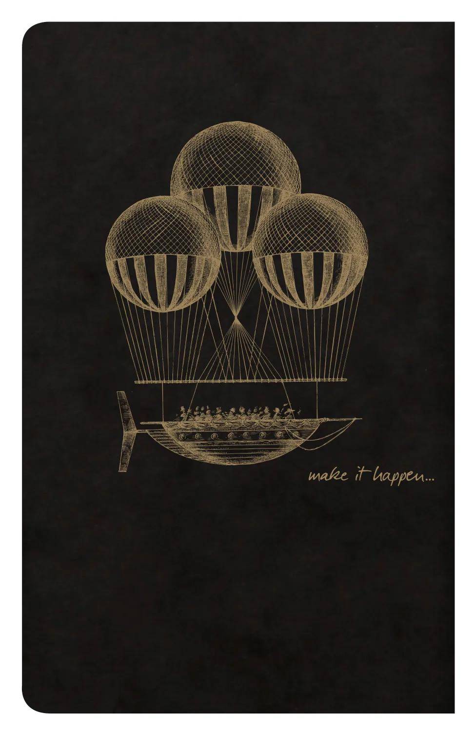 Illustration eines kleinen Bootes, das von drei Fallschirmen angehoben wird, mit den Worten „make it happen..." unten rechts.
