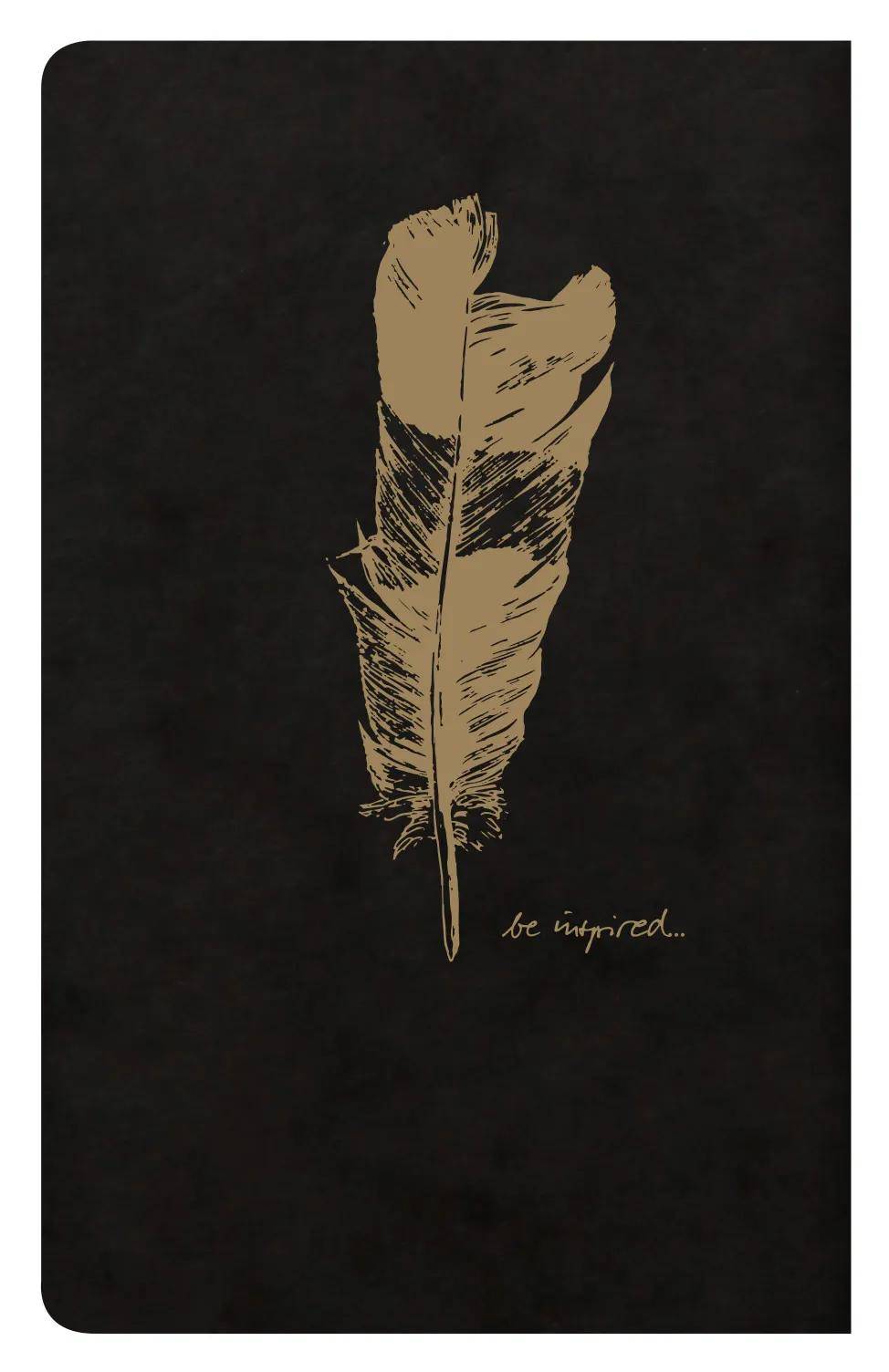 Eine goldene Feder auf dunklem Hintergrund mit den Worten „lass dich inspirieren