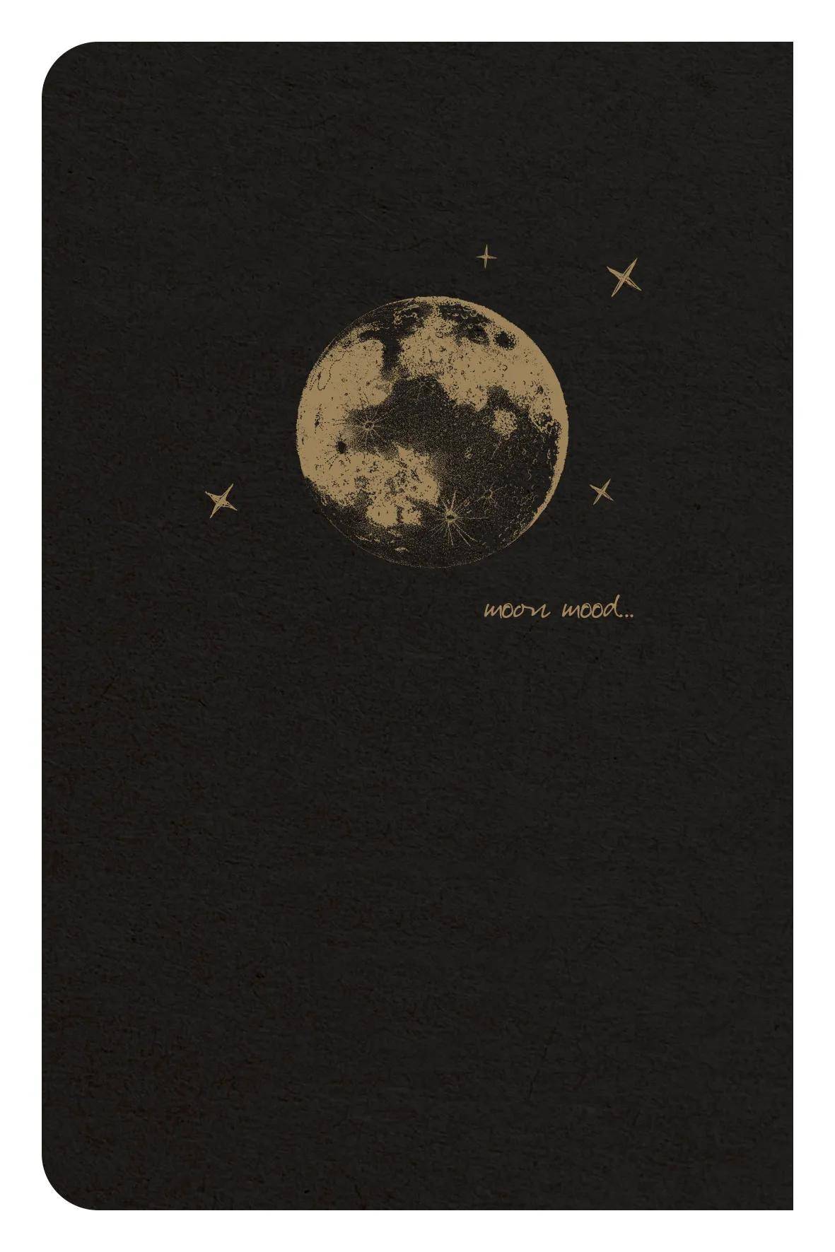 Minimalistisches schwarzes Plakat mit strukturiertem Vollmond und kleinen Sternen, darunter mit 