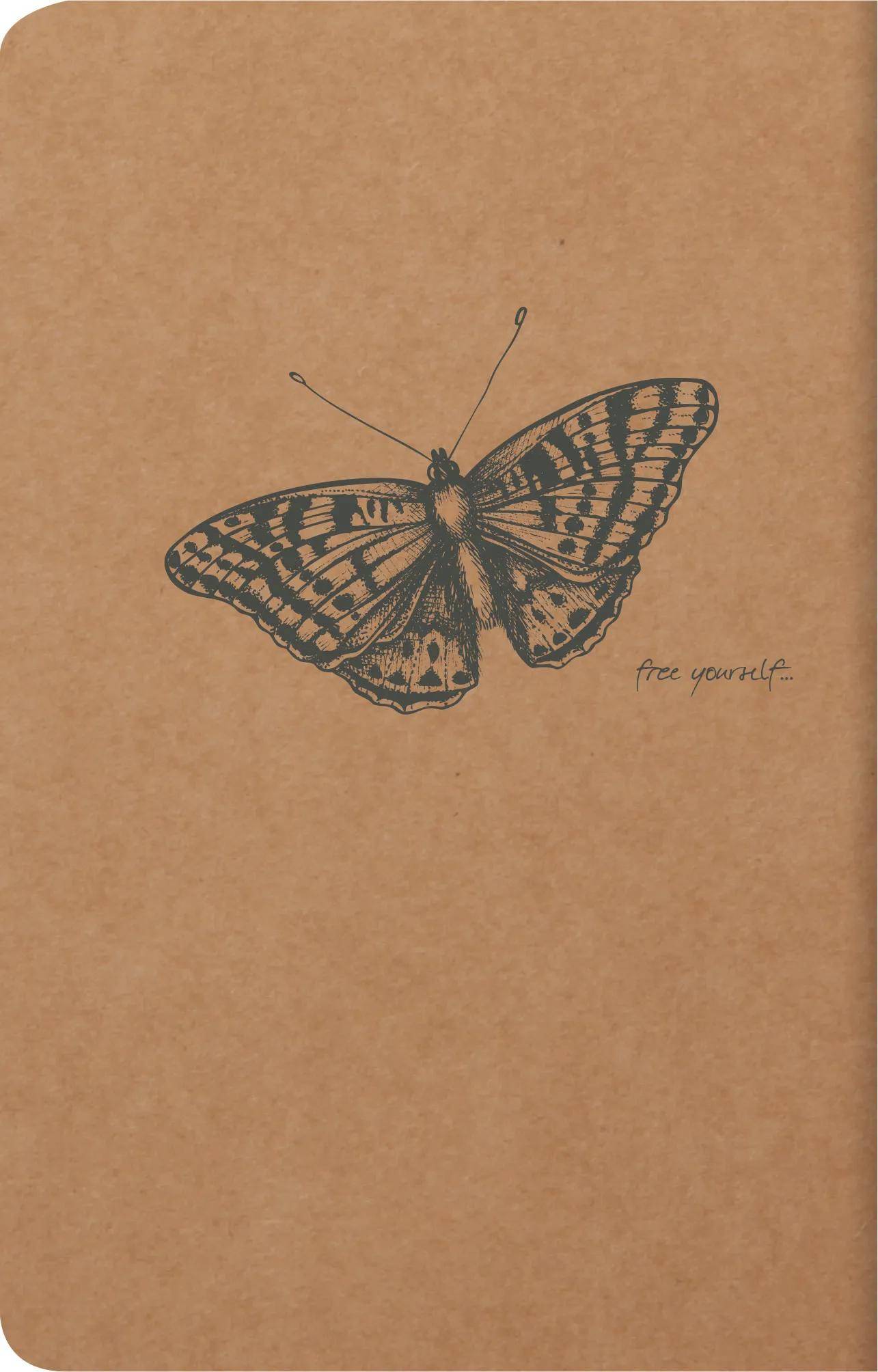 Schwarz-weiße Schmetterlingsillustration auf braunem Papier mit der handgeschriebenen Phrase „Befreie dich selbst" in der Nähe davon.