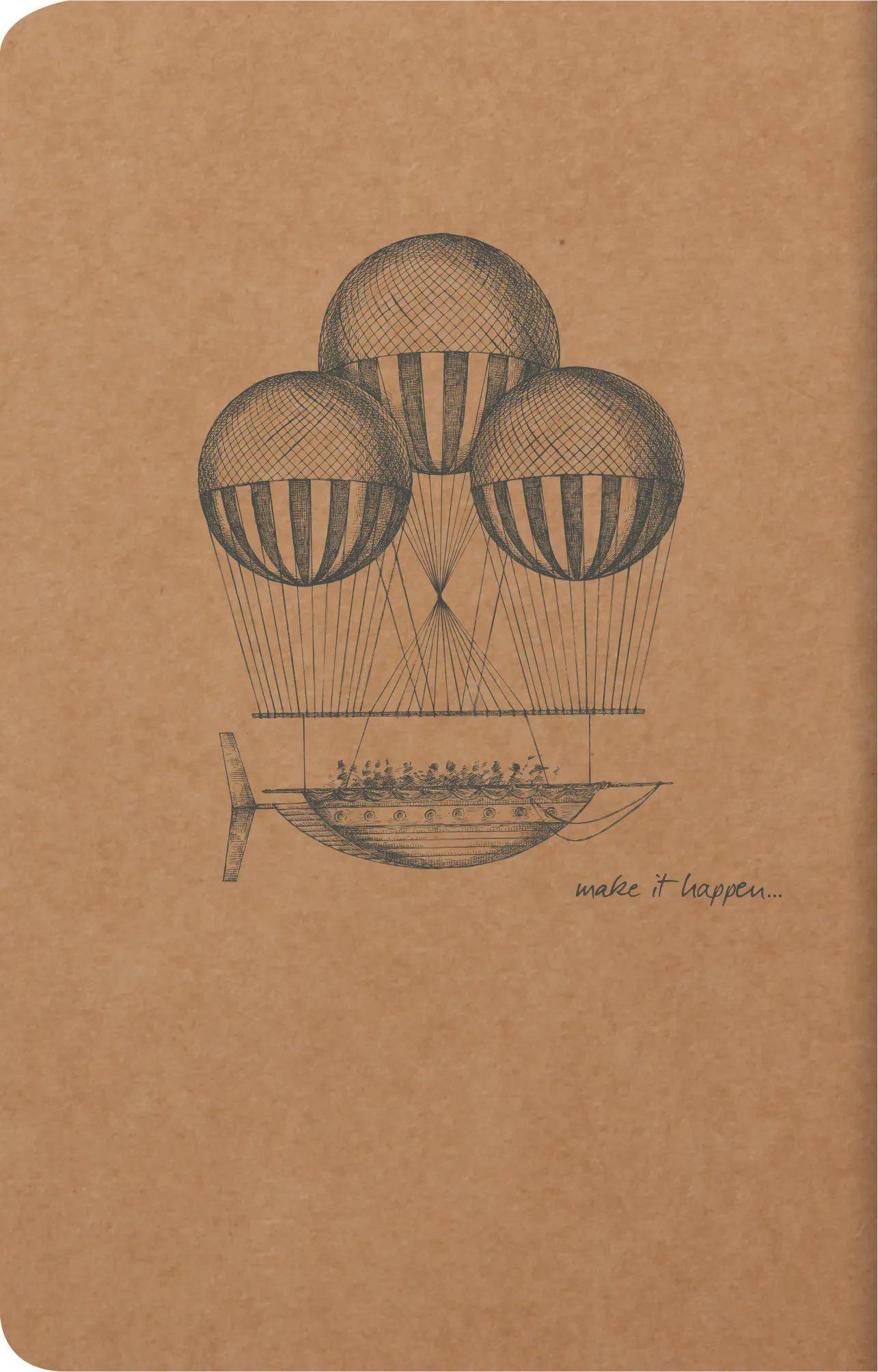 Illustration von drei Heißluftballons, die ein bootsähnliches Gefährt mit Menschen an Bord hochheben, mit der Phrase "Mach es möglich."" darunter.