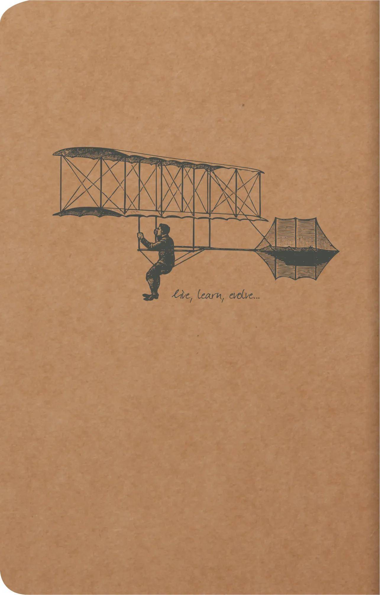 Vintage-Skizze des frühen Flugzeugs der Gebrüder Wright mit einer Pilotenfigur, dargestellt auf einem schlichten braunen Hintergrund mit der Bildunterschrift „die kommende Ära" darunter.