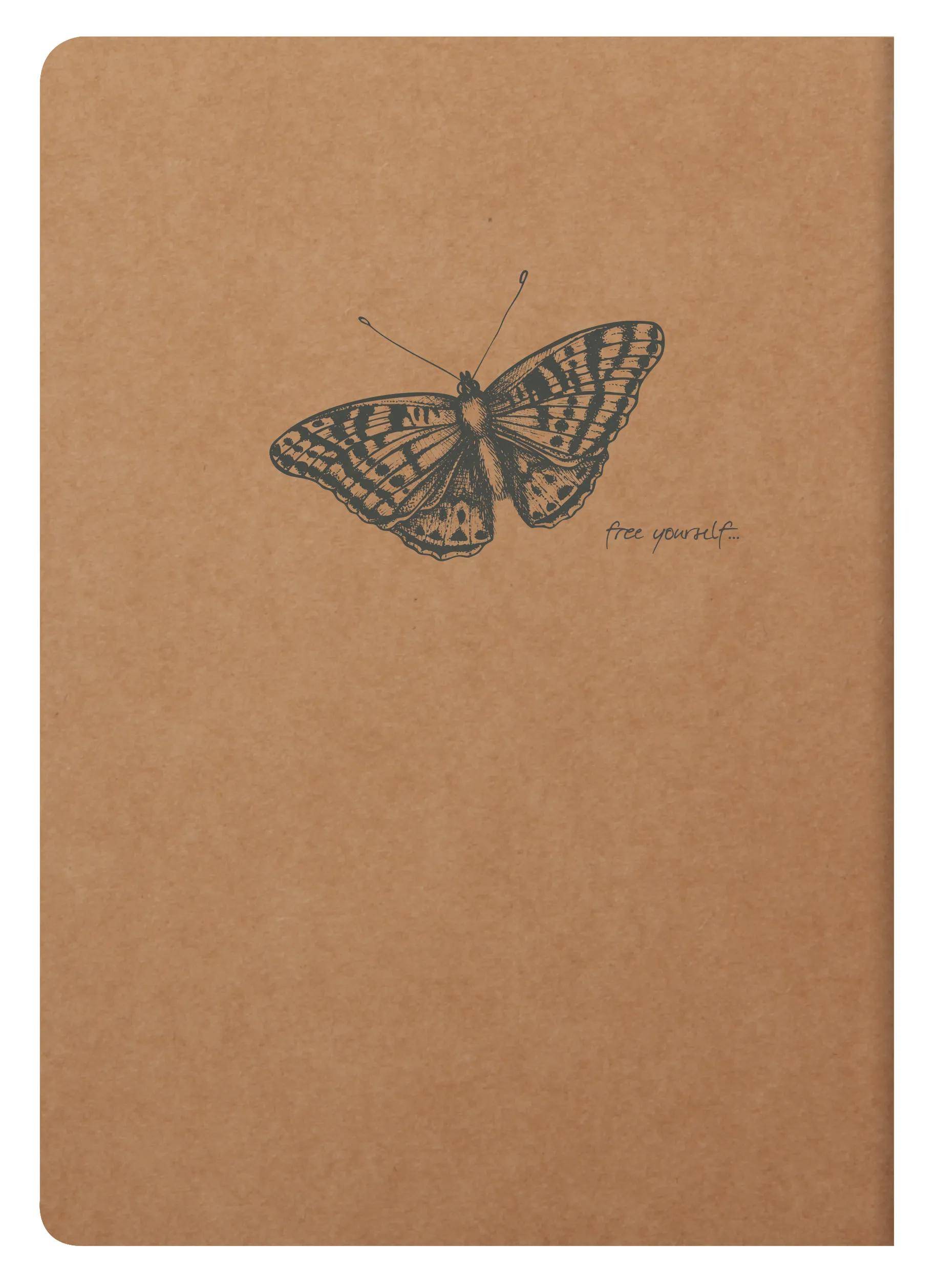 Braunes Notizbuch-Cover mit einer Schmetterlingsillustration und den Worten „befreie dich selbst" in der Nähe der unteren rechten Seite des Schmetterlings.