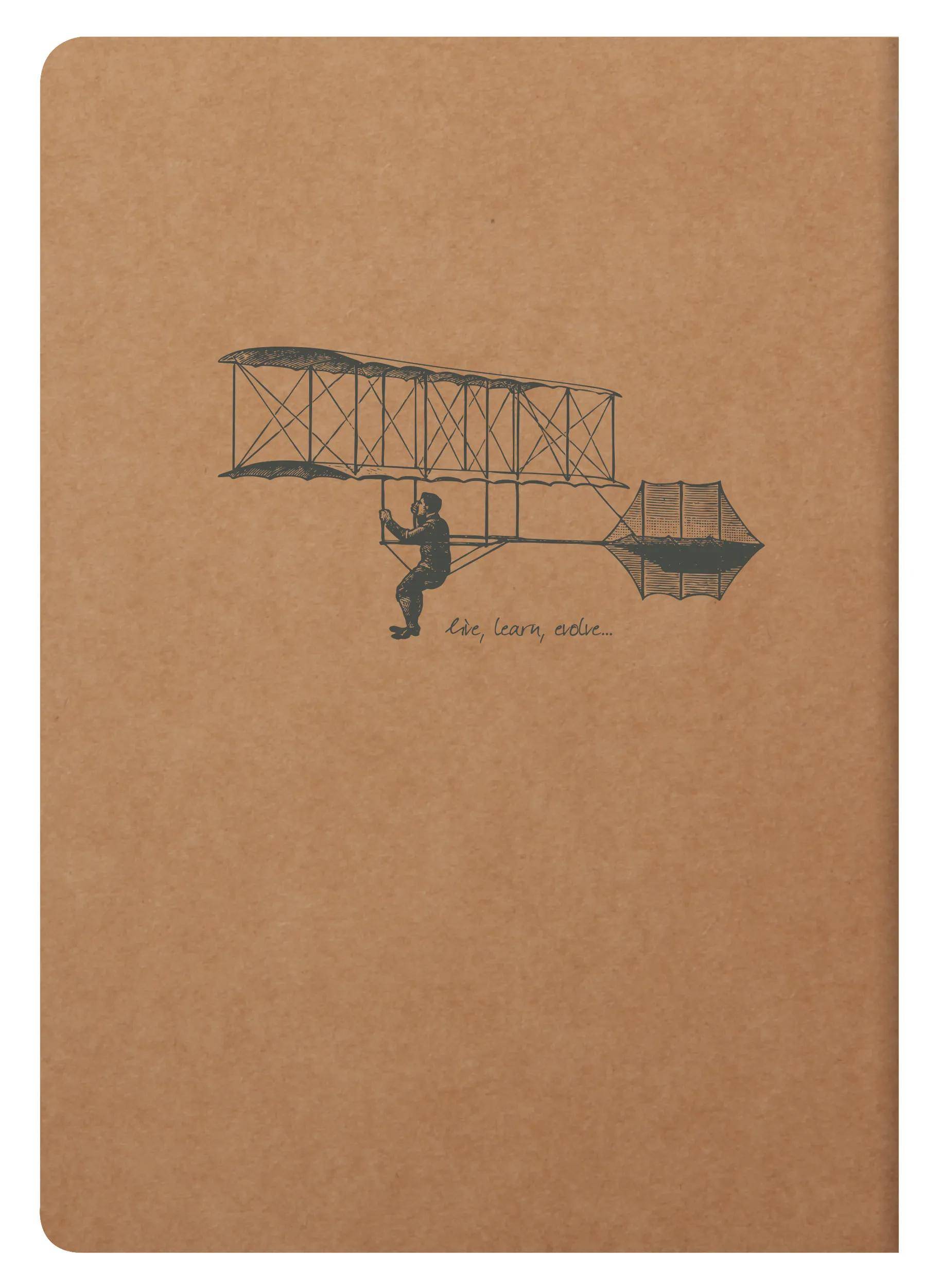 Illustration eines frühen Flugzeugs mit einem sitzenden Piloten und der Beschriftung „Eis, tony, mode." auf einem einfachen braunen Umschlag.