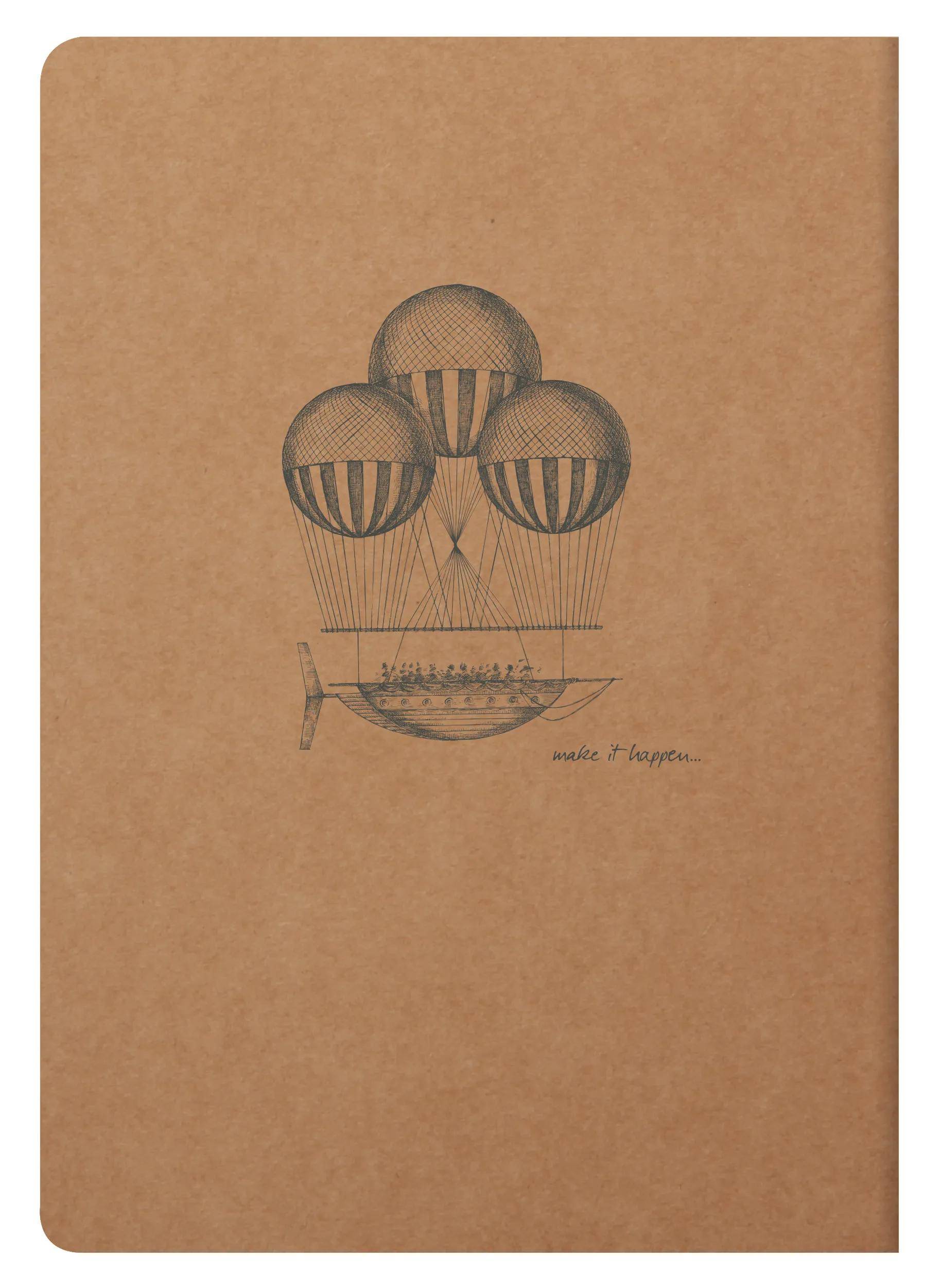 Eine Illustration im Vintage-Stil eines Schaufelraddampfers, der von drei Heißluftballons in der Luft gehalten wird, mit dem Text „make it happen