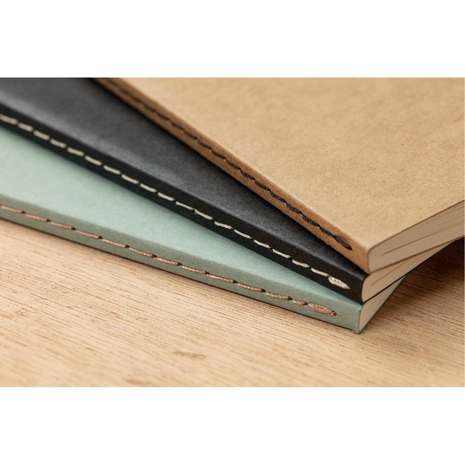 Stapel von drei genähten Notizbüchern mit beige, schwarzem und mintgrünem Einband auf einer Holzoberfläche.