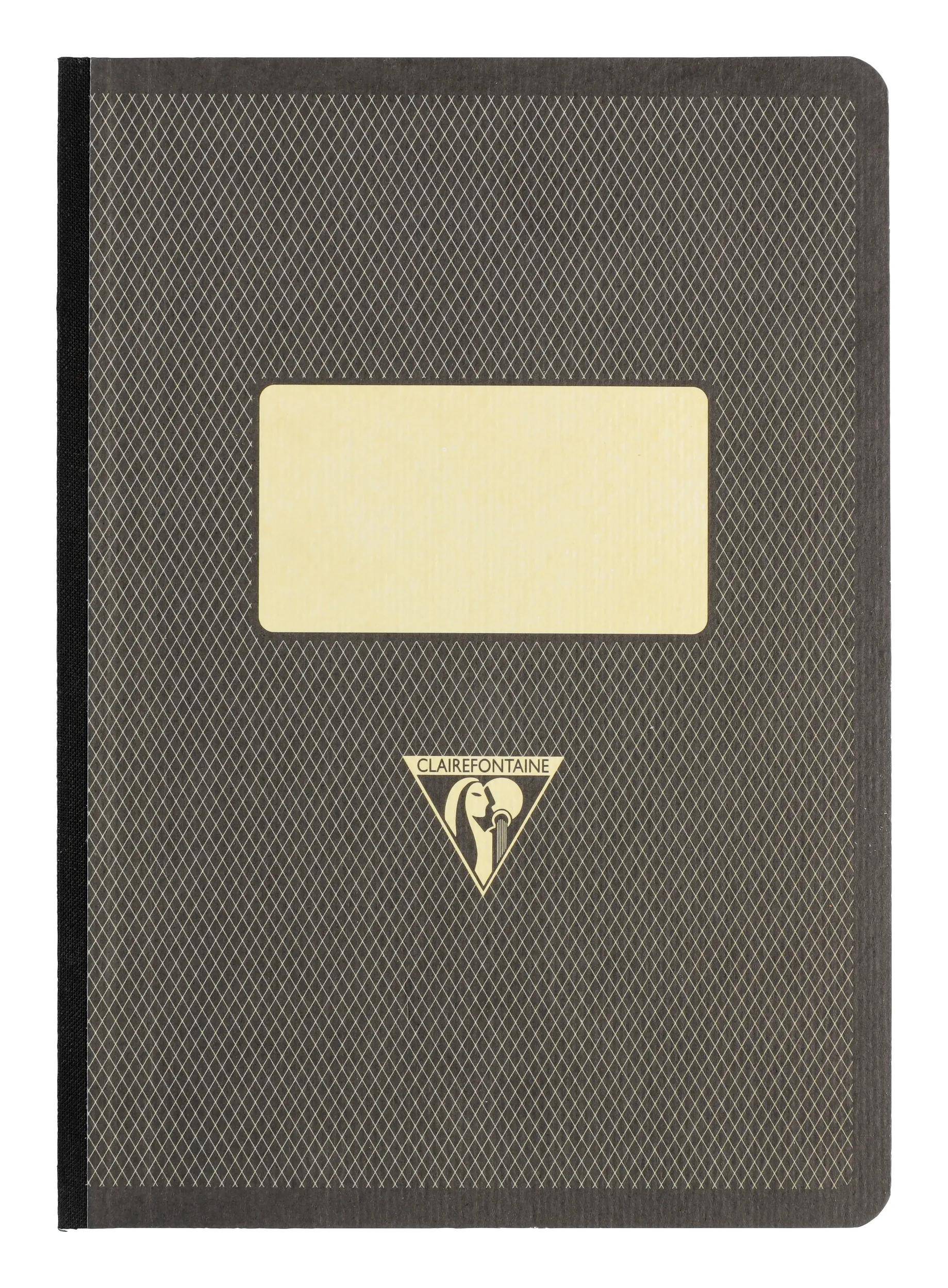 Geschlossenes dunkel gemustertes Notizbuch mit einem leeren creme Etikett und Clairefontaine-Logo auf dem Umschlag.