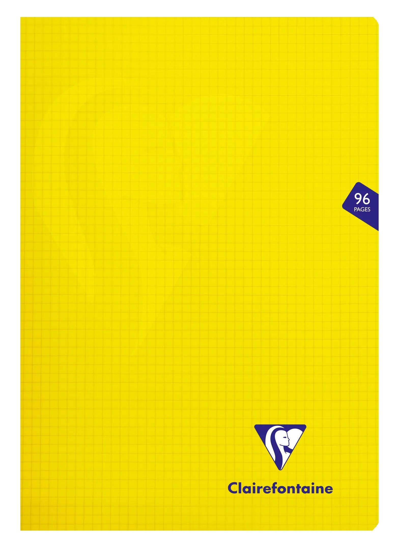 Gelber Clairefontaine-Notizbucheinband mit einem kleinen '96 SEITEN'-Abzeichen auf der rechten Seite und Markenlogo am unteren Ende.