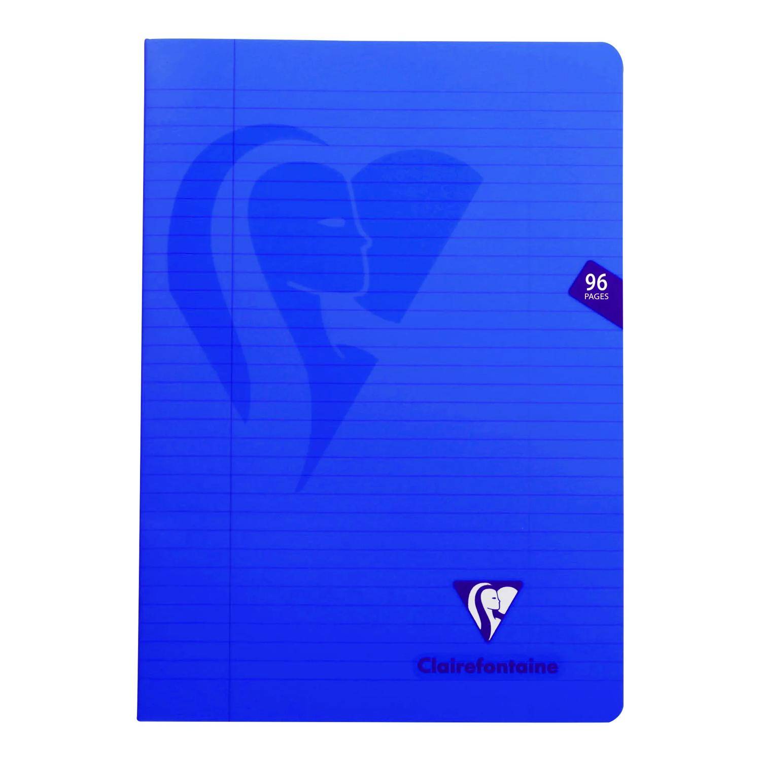 Blaues Clairefontaine-Notizbuch mit Linien und einer Herz-und-Profil-Grafik, auf dem Umschlag mit „96 Seiten" gekennzeichnet.