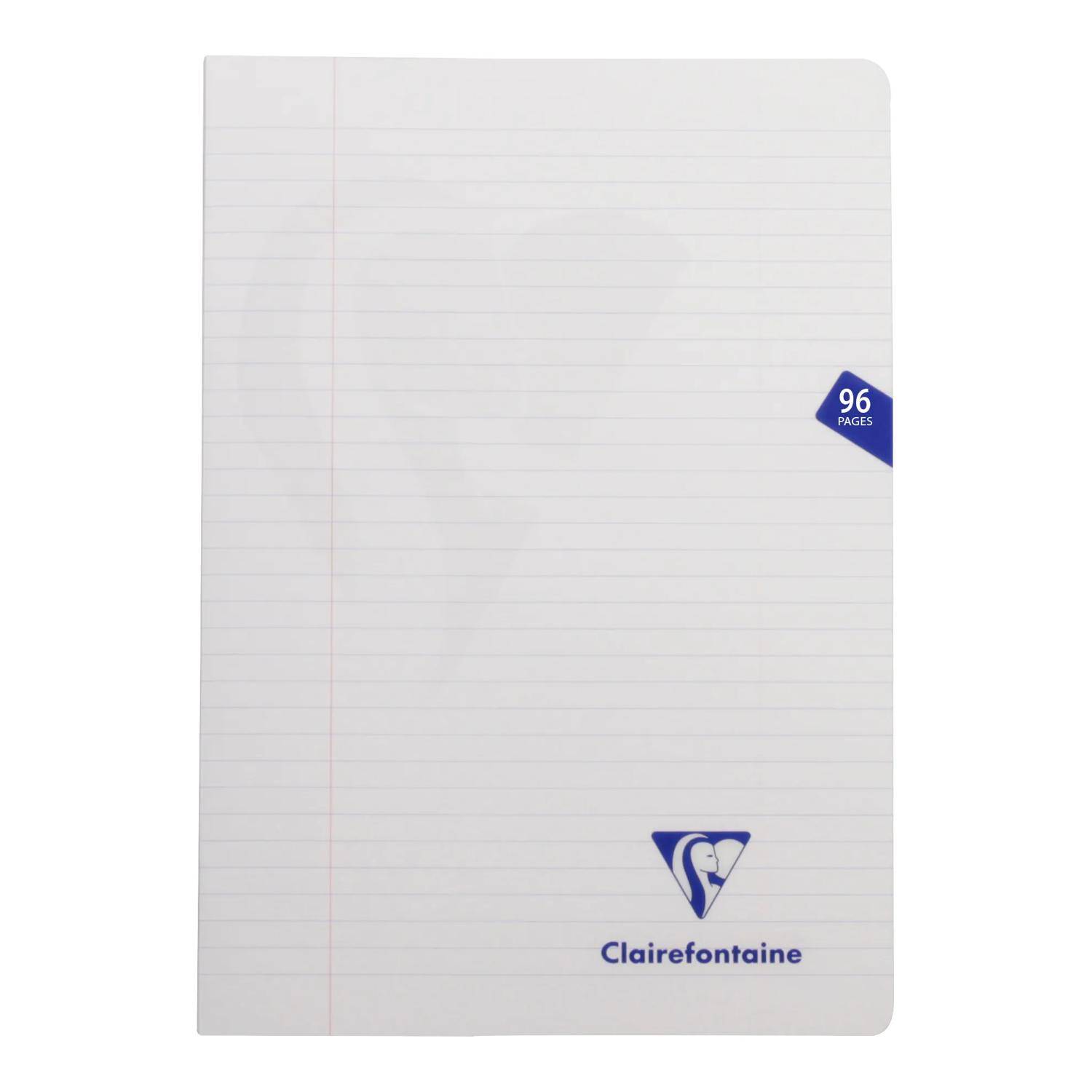 Notizbuch mit weißen Linien und abgerundeten Ecken, '96 Seiten'-Etikett und Clairefontaine-Logo am unteren Rand.