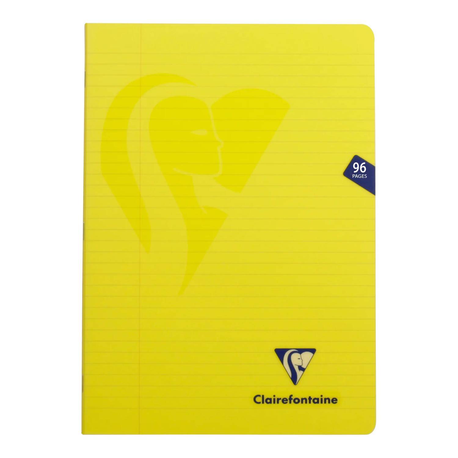 Gelbes Notizbuch mit Linien und blauem Ecketikett mit der Aufschrift „96 Seiten" und dem Clairefontaine-Logo am unteren Rand.