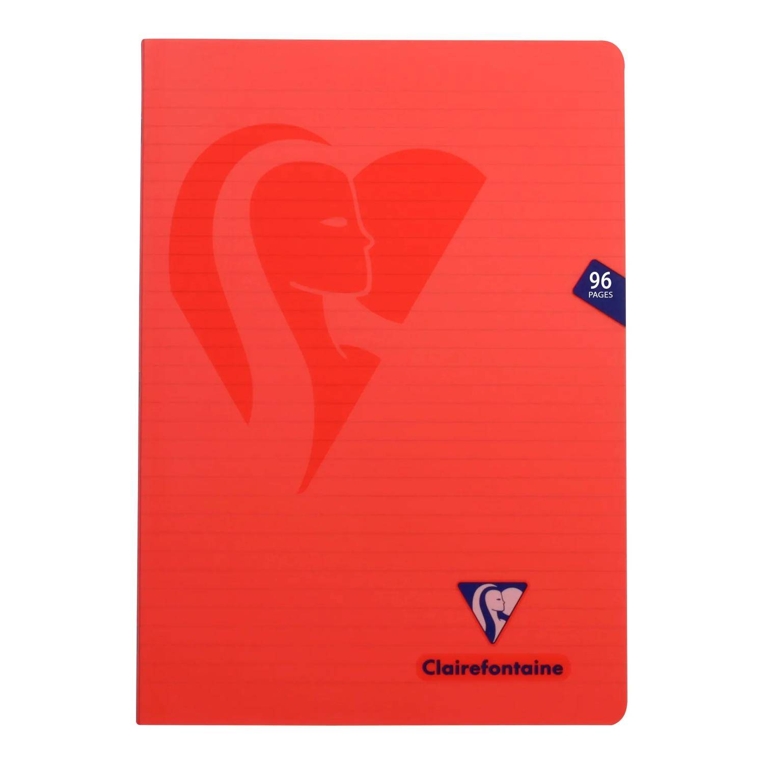 Rotes Clairefontaine-Notizbuch mit Umschlag, Silhouetten-Profilgrafik und einem Etikett, das „96 Seiten" liest.