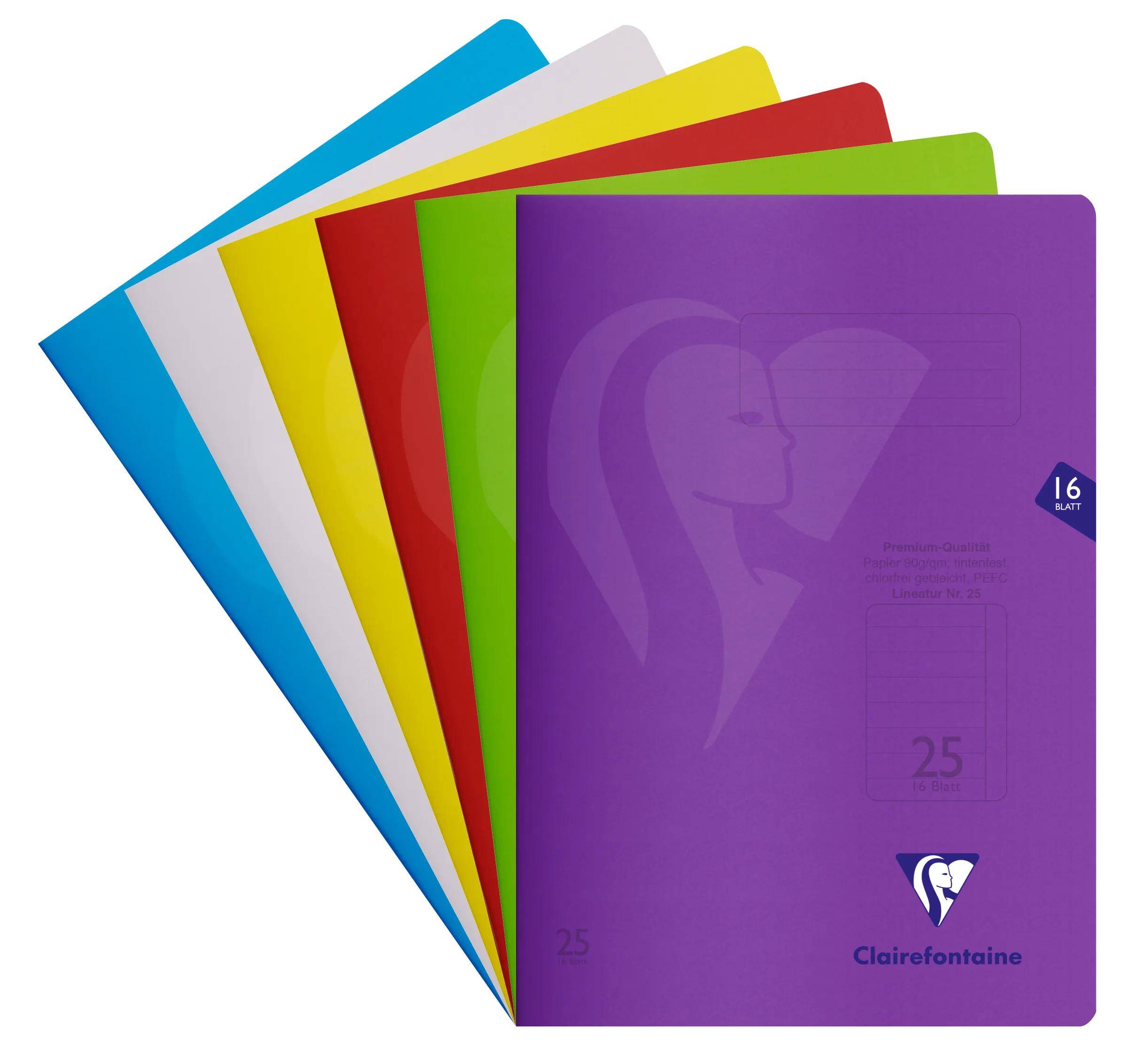 Clairefontaine 25x Schulheft A4 Lineatur liniert 16 Bl Farben sortiert 303225C