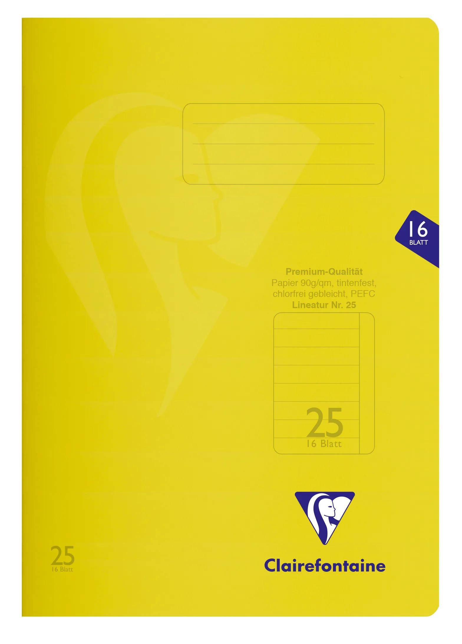 Gelbes Clairefontaine-Notizbuch mit feinem Herzgrafik, '16 Blatt'-Badge und '25'-Blattmarkierung auf dem Umschlag.