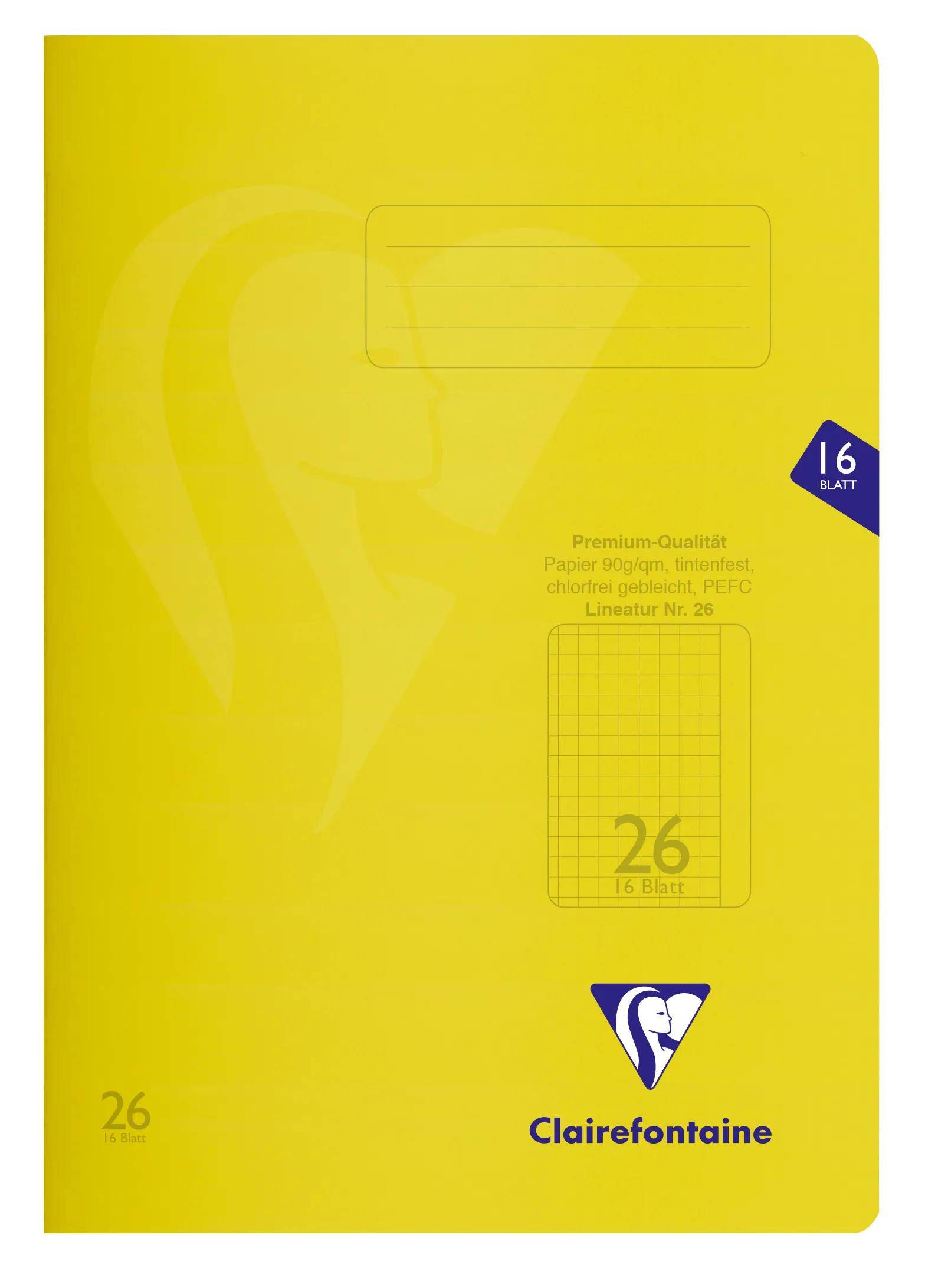 Gelber Clairefontaine-Notizbuch mit liniertem Papier, 26 Blatt, Cover mit blauem Logo und „16 BLATT
