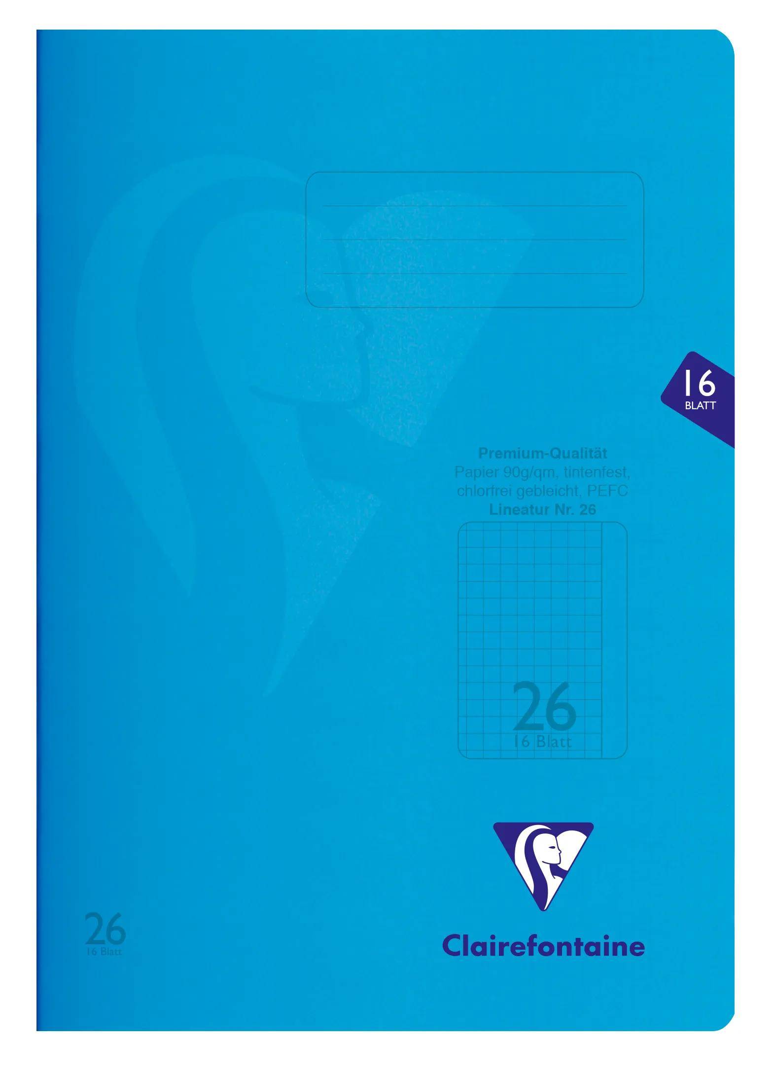 Blaues Clairefontaine-Notizbuch mit einem kleinen violetten Abzeichen mit der Aufschrift „16 BLAT