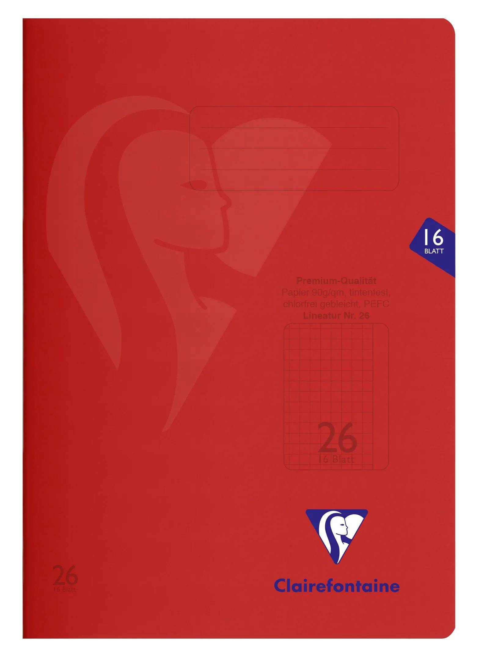 Rotes Clairefontaine-Notizbuch mit großem geprägtem Profilgrafik, blauem 