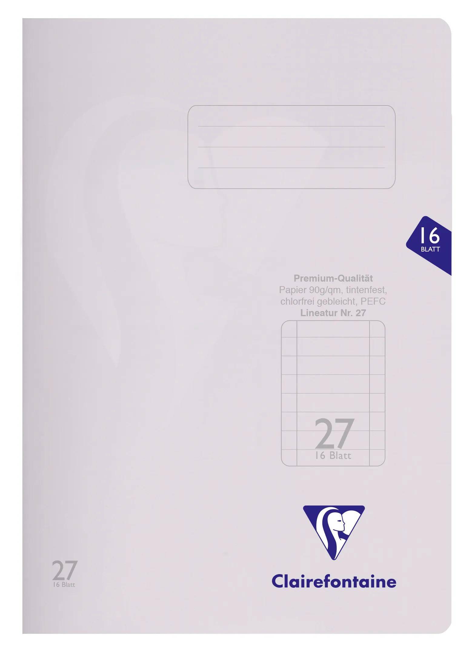 Ein weißes Notizbuch-Cover mit blauem Text: „Premium-Qualität, 16 Blatt, 27 Lin., 16 Blatt, 27 Lin., Lineatur Nr. 27.