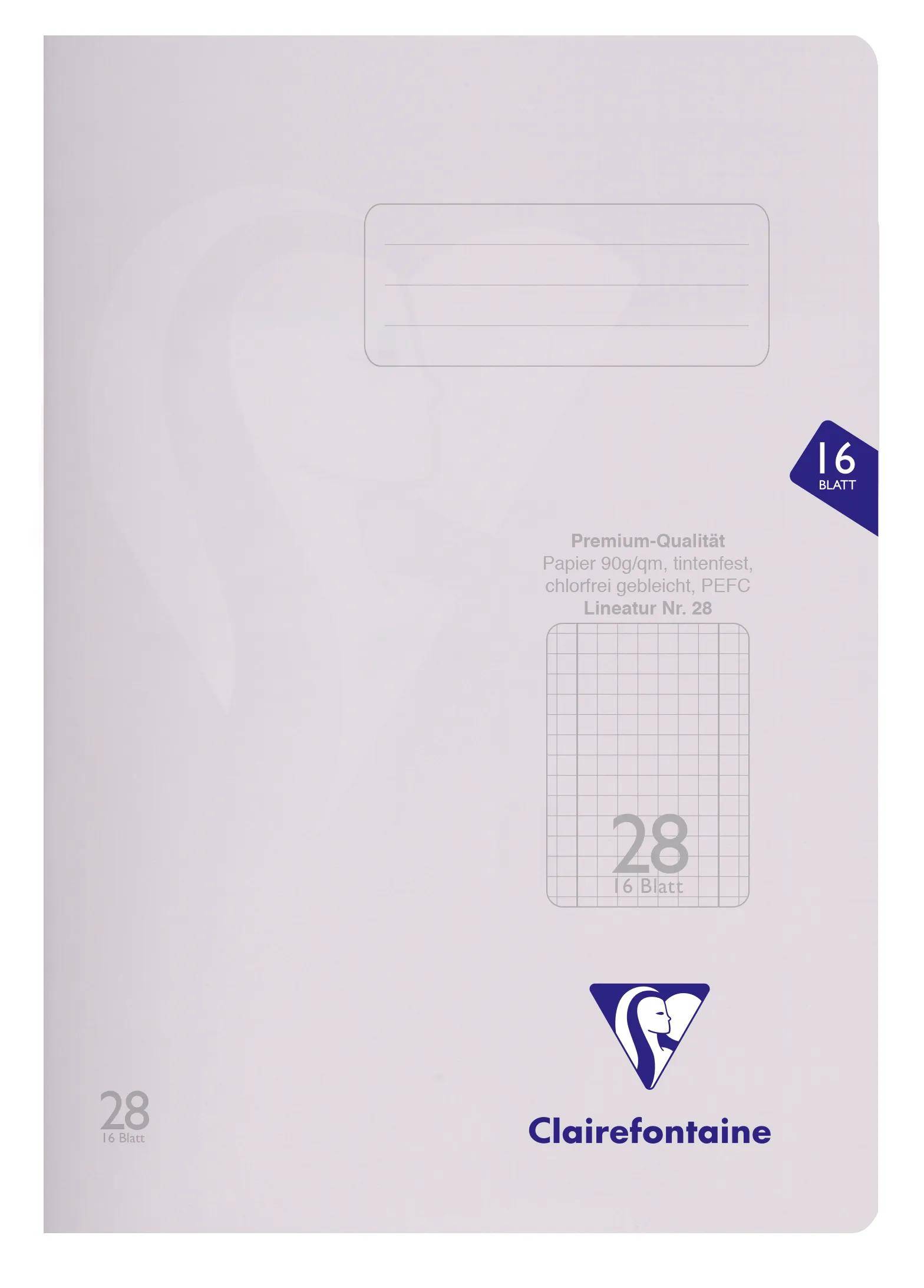 Hellrosaer Clairefontaine kariertes Notizbuch mit Etikettenbereich, 16-Blatt-Abzeichen und 28-zeiliger Rasterung auf der Vorderseite.