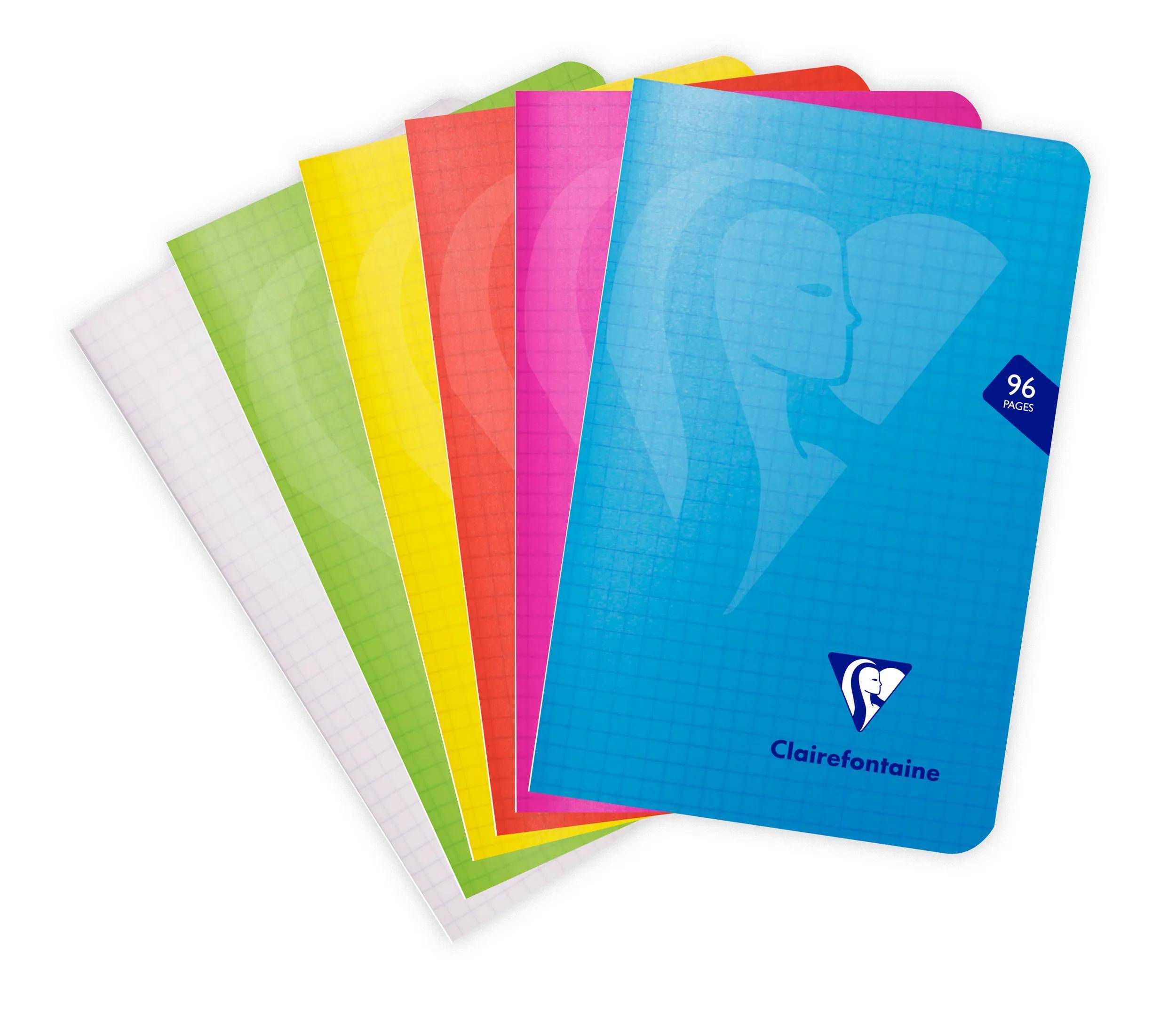 Stapel farbiger Clairefontaine-Notizbücher mit Millimeterpapier-Einbänden, ein blaues Notizbuch zeigt '96 Seiten' und das Clairefontaine-Logo.