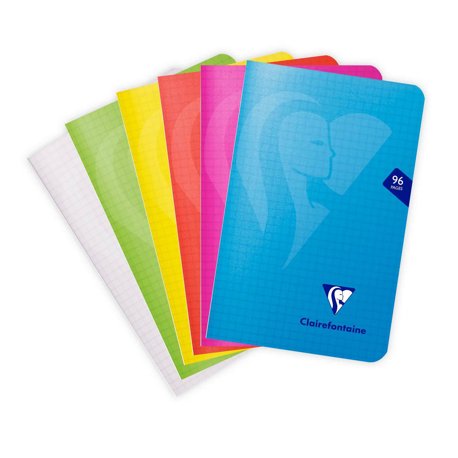 Stapel farbenfroher Clairefontaine-Notizbücher, oberes blaues Cover mit der Beschriftung „96 Seiten