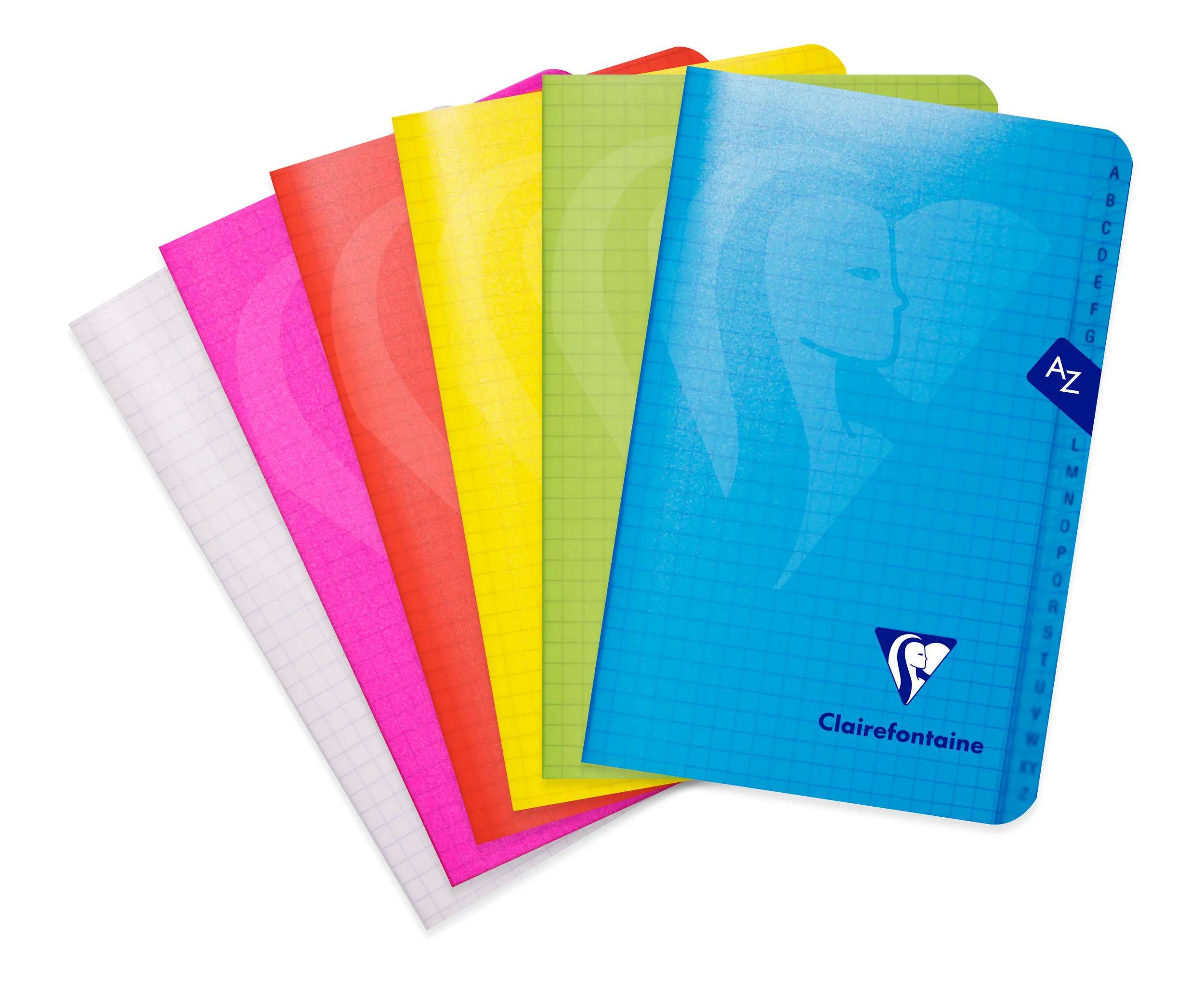 Fünf farbenfrohe Clairefontaine-Notizbücher in Pink, Gelb, Orange, Grün und Blau, angeordnet in einer aufgefächerten Anordnung.