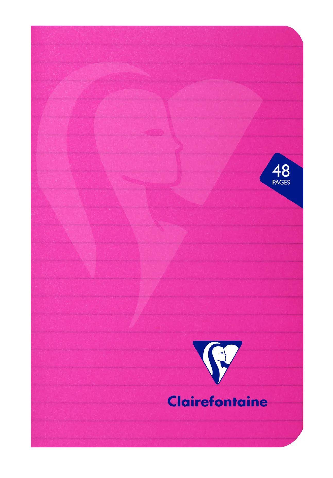 Rosa Clairefontaine Notizbucheinband mit Linienpapier-Design, '48 SEITEN' Abzeichen und Markenlogo unten.