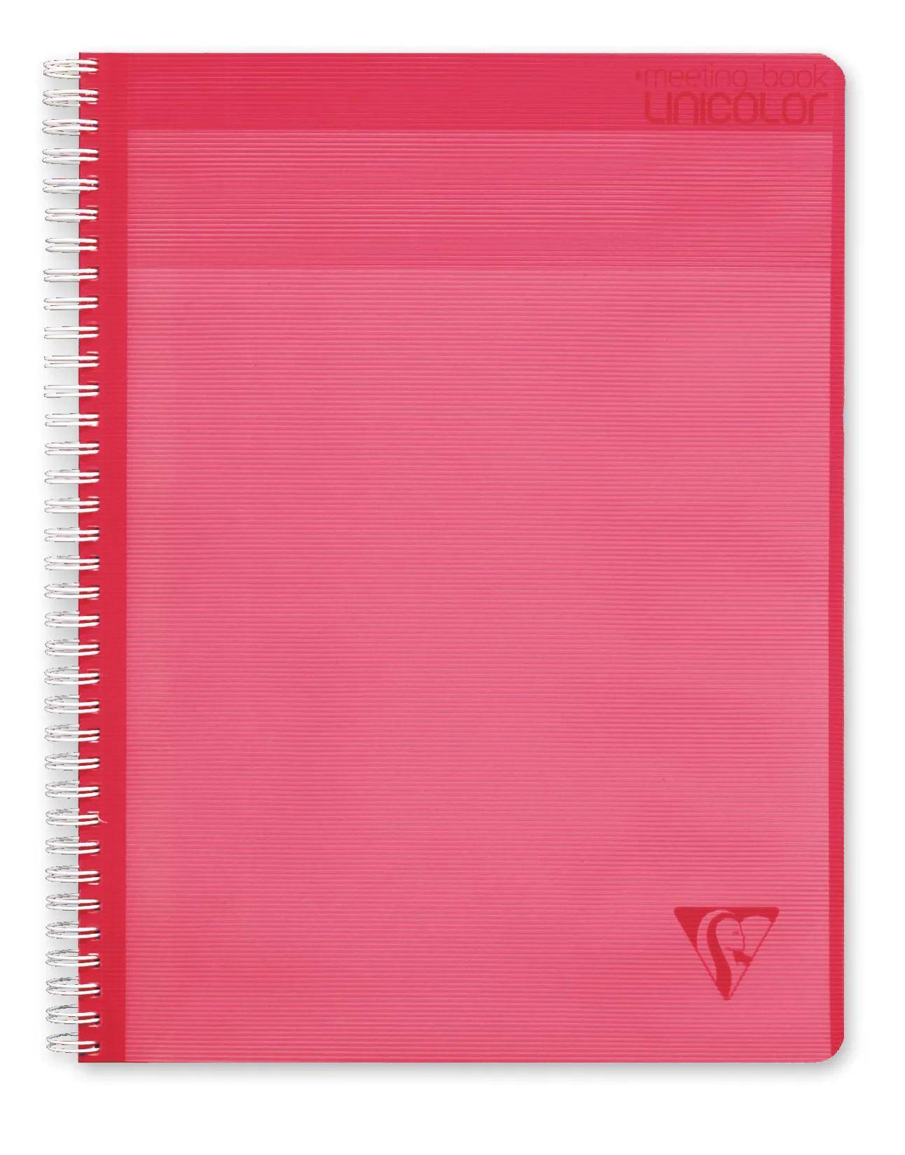 Rosa spiralgebundenes Notizbuch mit rotem Rücken und "Unicolor""-Branding auf dem Umschlag.